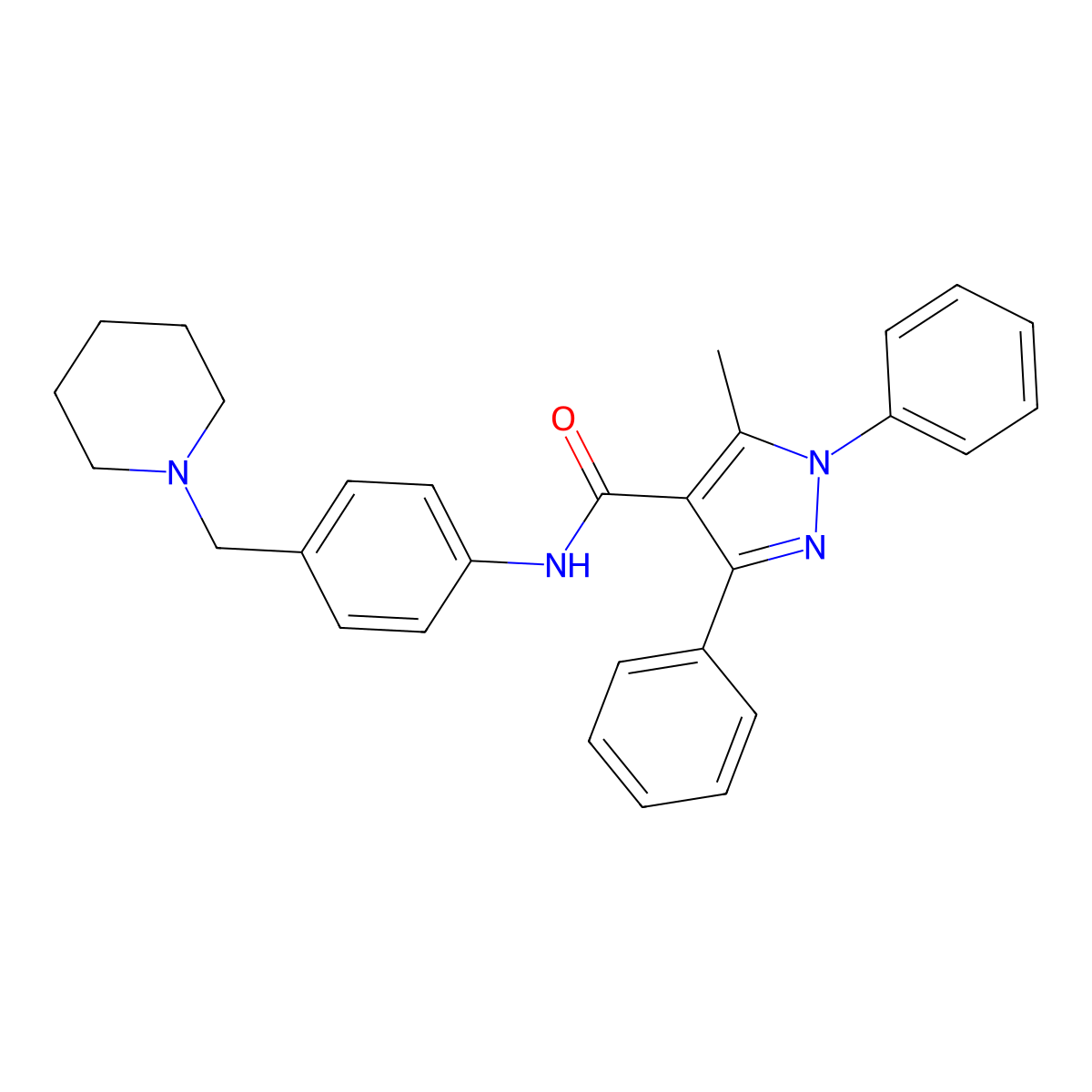 5-methyl-1,3-diphenyl-N-[4-(piperidin-1-ylmethyl)phenyl]pyrazole-4-carboxamide molecular structure, CAS 512823-34-6
