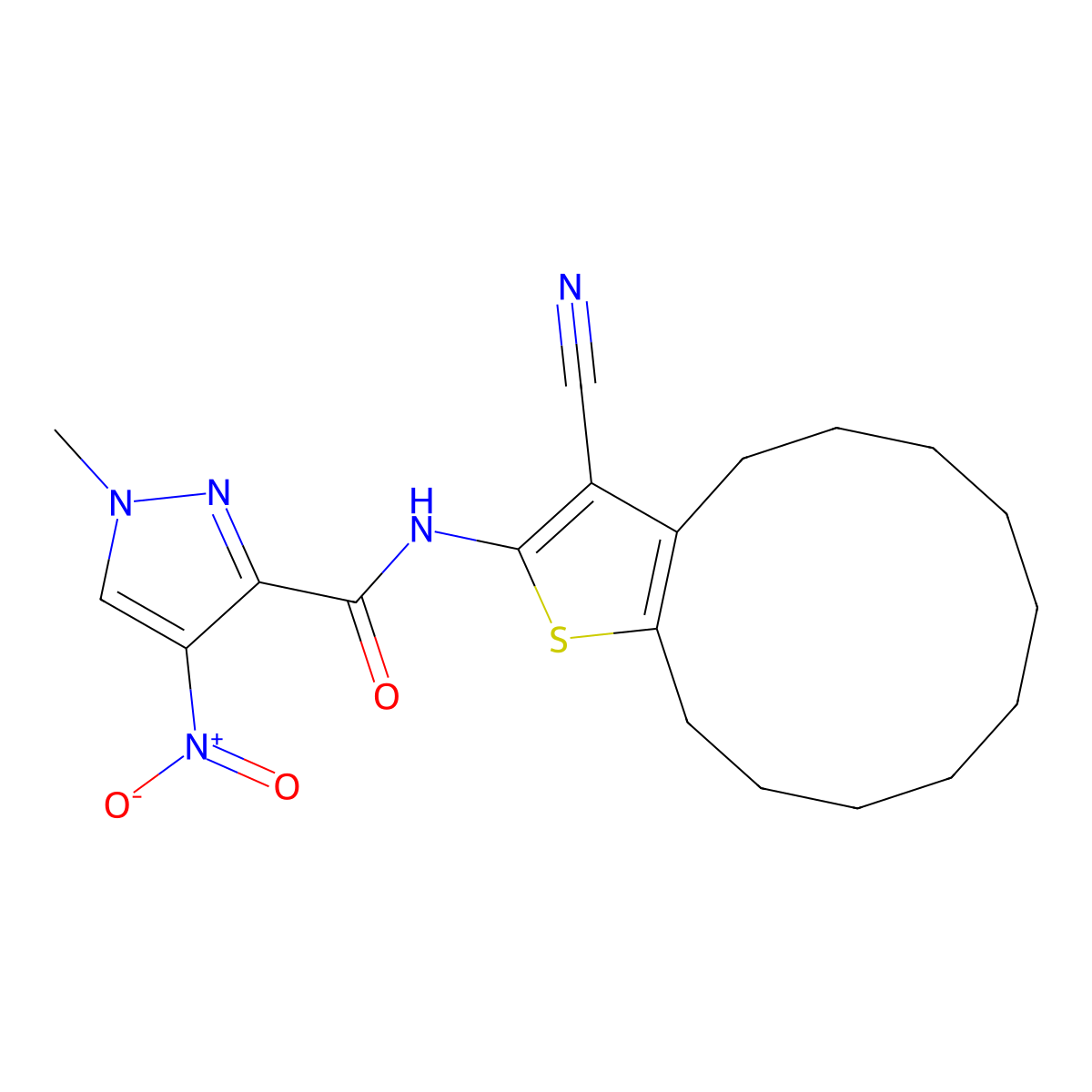 N-(3-cyano-4,5,6,7,8,9,10,11,12,13-decahydrocyclododeca[b]thiophen-2-yl)-1-methyl-4-nitropyrazole-3-carboxamide molecular structure, CAS 512823-35-7