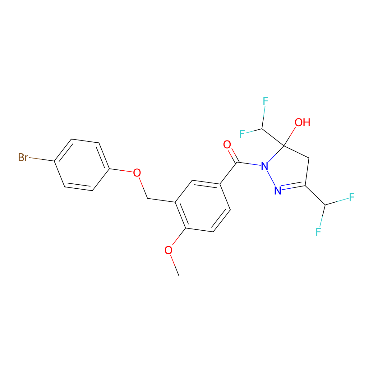 [3,5-bis(difluoromethyl)-5-hydroxy-4H-pyrazol-1-yl]-[3-[(4-bromophenoxy)methyl]-4-methoxyphenyl]methanone molecular structure, CAS 512823-42-6