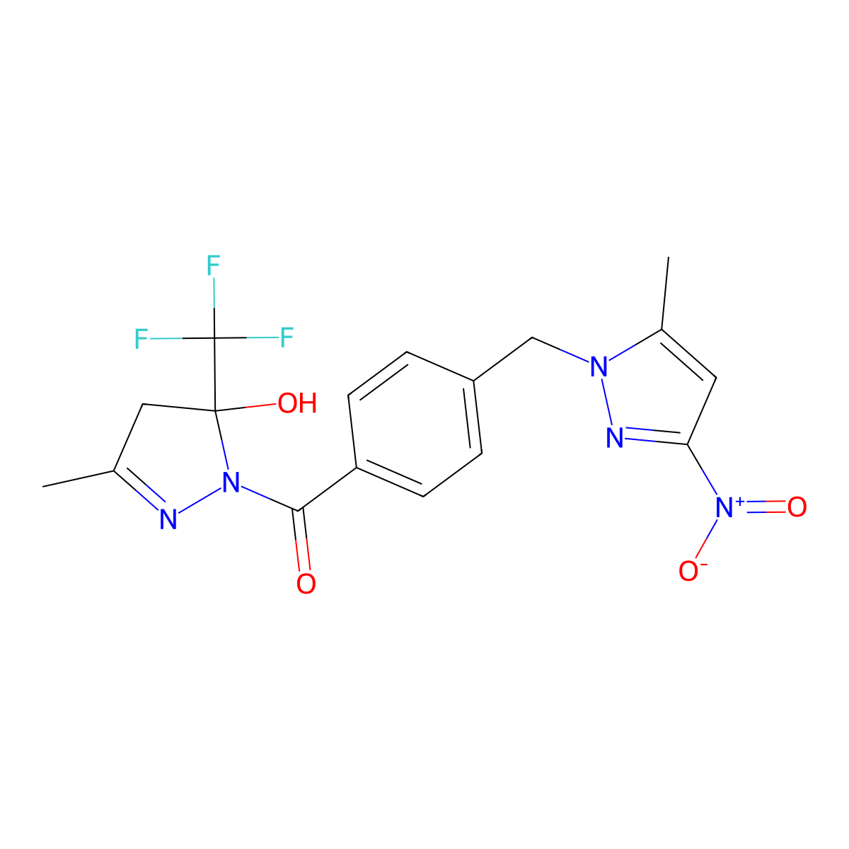 [5-hydroxy-3-methyl-5-(trifluoromethyl)-4H-pyrazol-1-yl]-[4-[(5-methyl-3-nitropyrazol-1-yl)methyl]phenyl]methanone molecular structure, CAS 512823-45-9