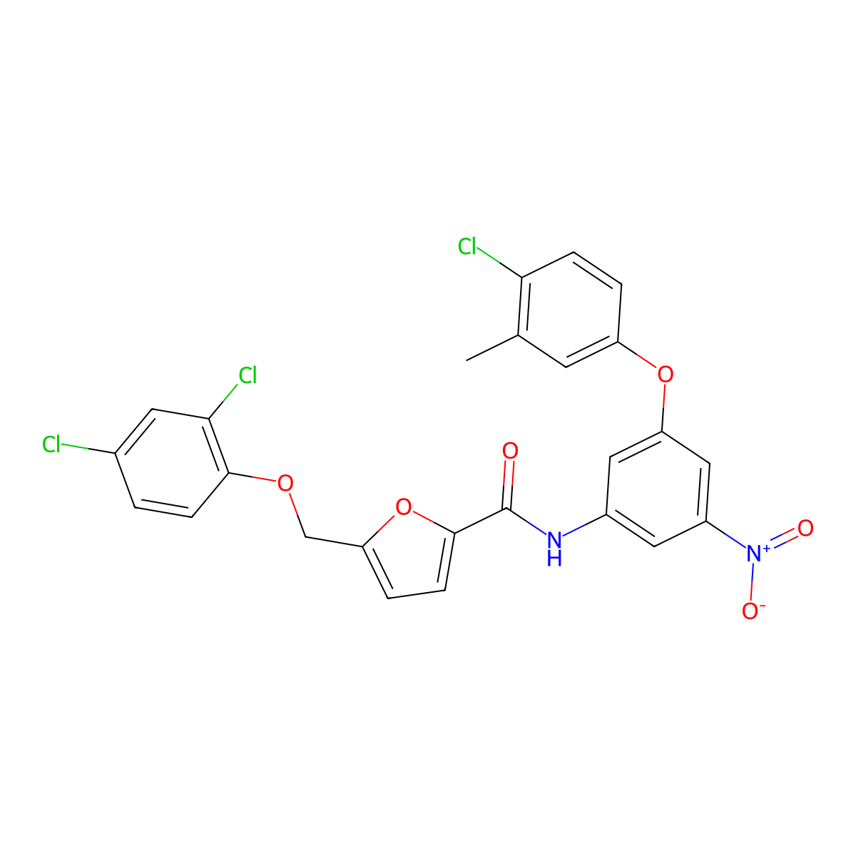 N-[3-(4-chloro-3-methylphenoxy)-5-nitrophenyl]-5-[(2,4-dichlorophenoxy)methyl]furan-2-carboxamide molecular structure, CAS 512823-52-8