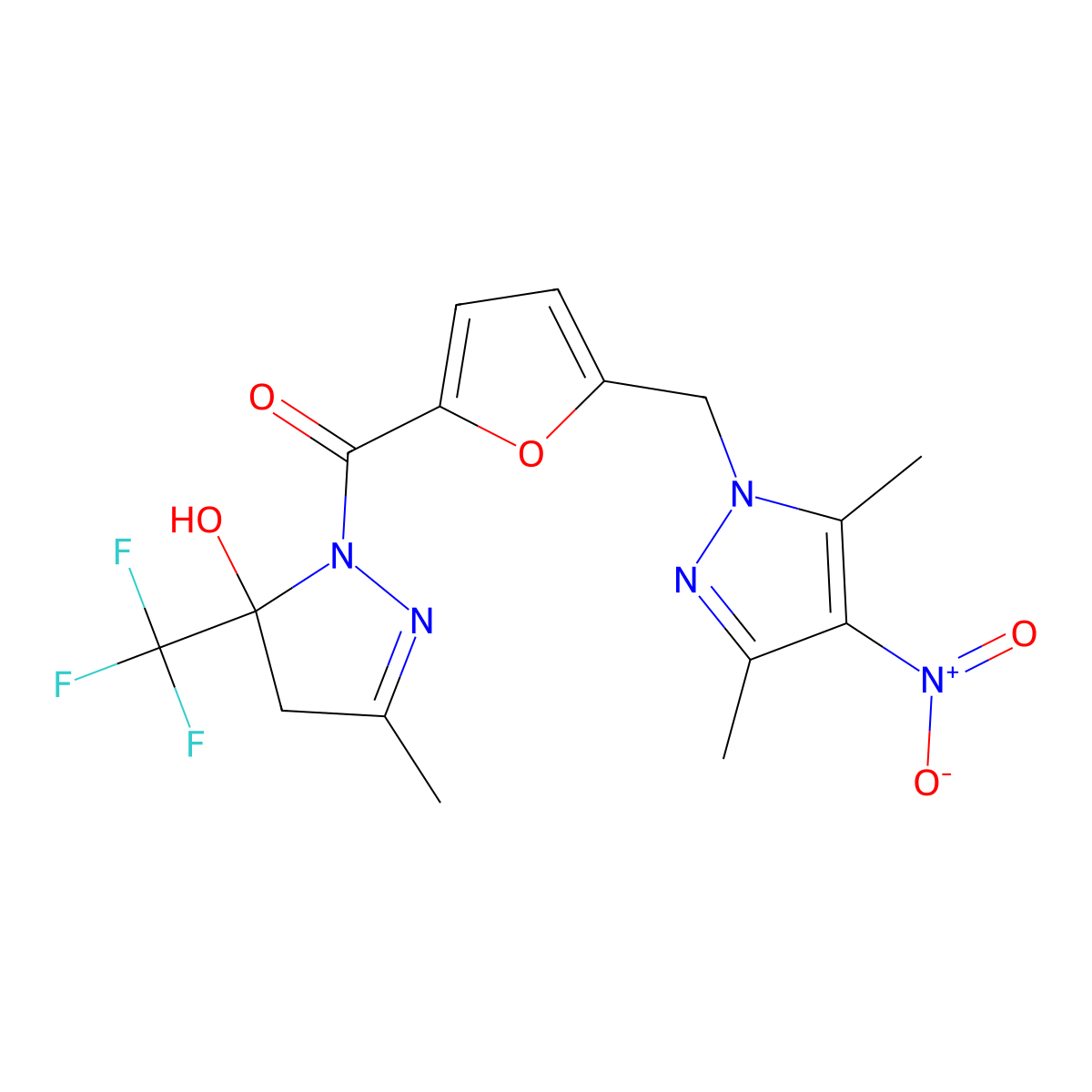 [5-[(3,5-dimethyl-4-nitro-1-pyrazolyl)methyl]-2-furanyl]-[5-hydroxy-3-methyl-5-(trifluoromethyl)-4H-pyrazol-1-yl]methanone molecular structure, CAS 512823-58-4