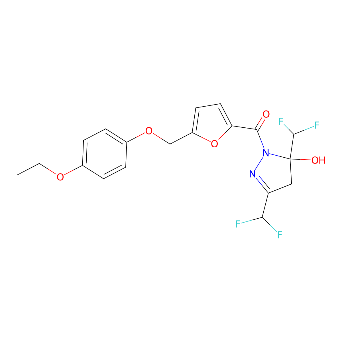 [3,5-bis(difluoromethyl)-5-hydroxy-4H-pyrazol-1-yl]-[5-[(4-ethoxyphenoxy)methyl]furan-2-yl]methanone molecular structure, CAS 512823-68-6