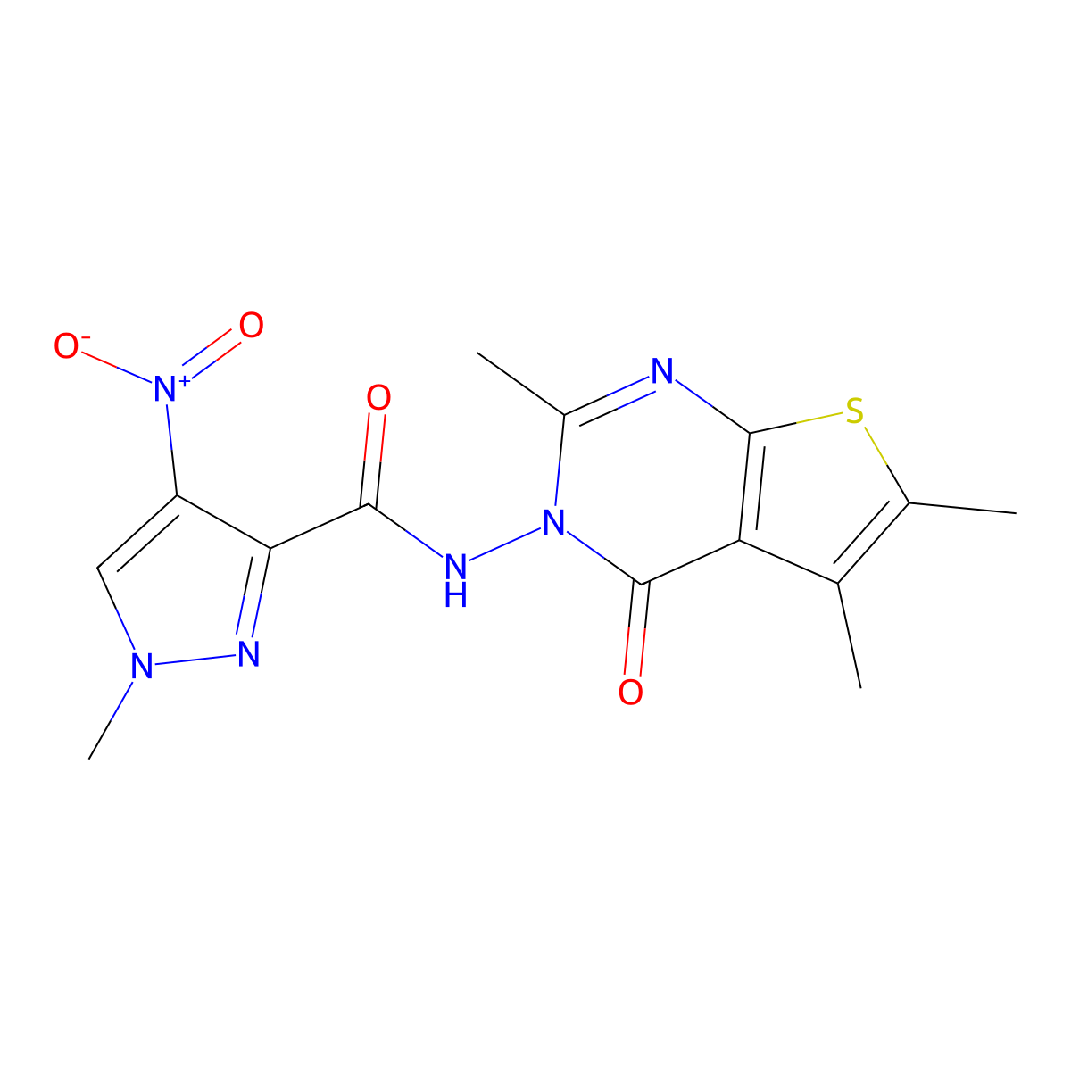 1-methyl-4-nitro-N-(2,5,6-trimethyl-4-oxothieno[2,3-d]pyrimidin-3-yl)pyrazole-3-carboxamide molecular structure, CAS 512823-76-6
