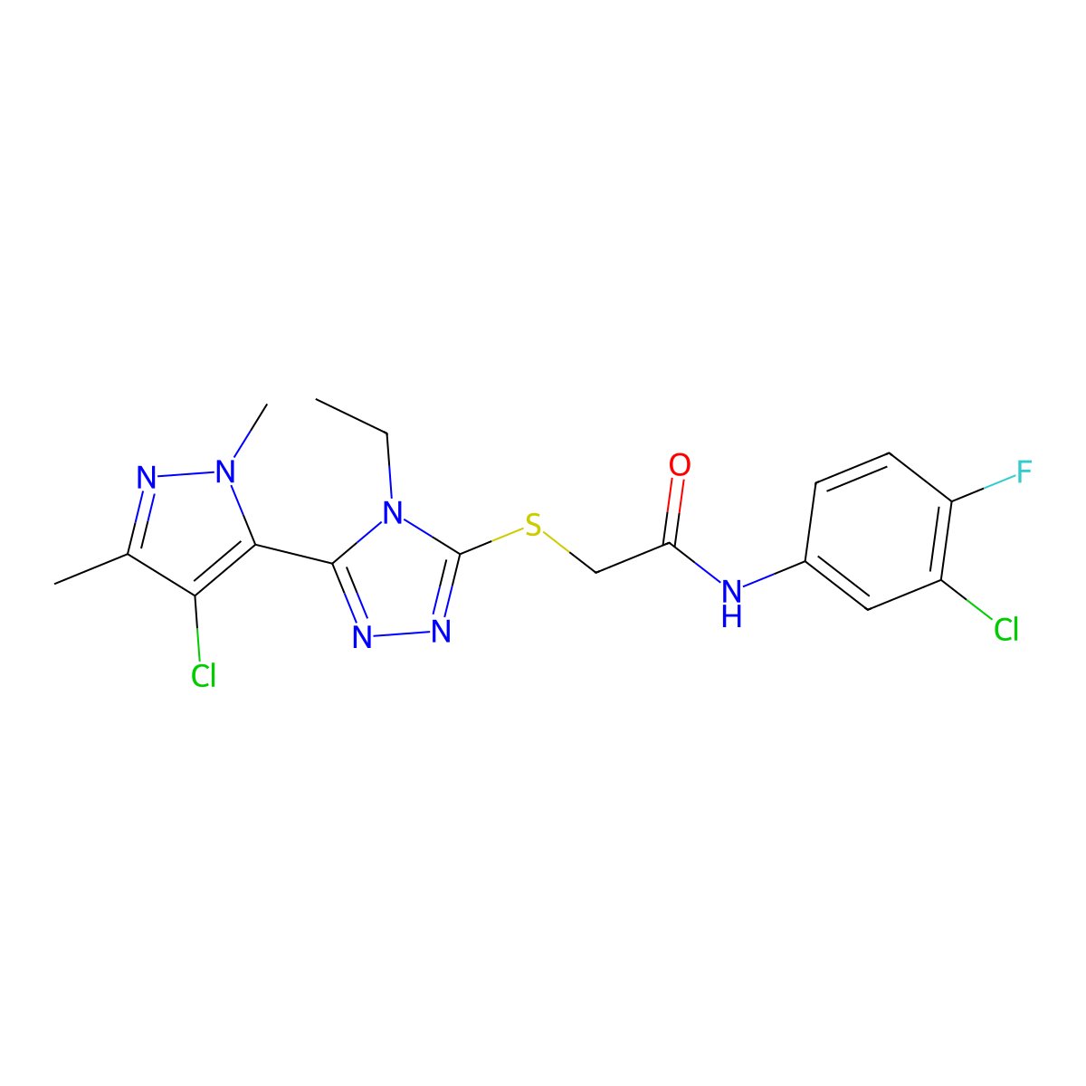 2-{[5-(4-chloro-1,3-dimethyl-1H-pyrazol-5-yl)-4-ethyl-4H-1,2,4-triazol-3-yl]sulfanyl}-N-(3-chloro-4-fluorophenyl)acetamide molecular structure, CAS 512823-81-3