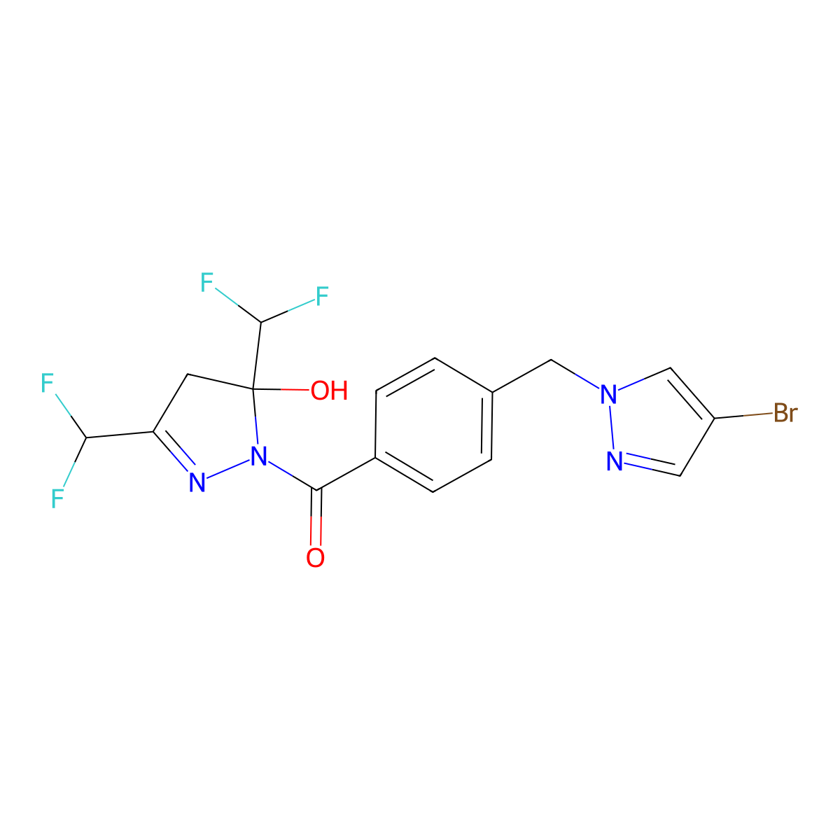 [3,5-bis(difluoromethyl)-5-hydroxy-4H-pyrazol-1-yl]-[4-[(4-bromopyrazol-1-yl)methyl]phenyl]methanone molecular structure, CAS 512823-82-4
