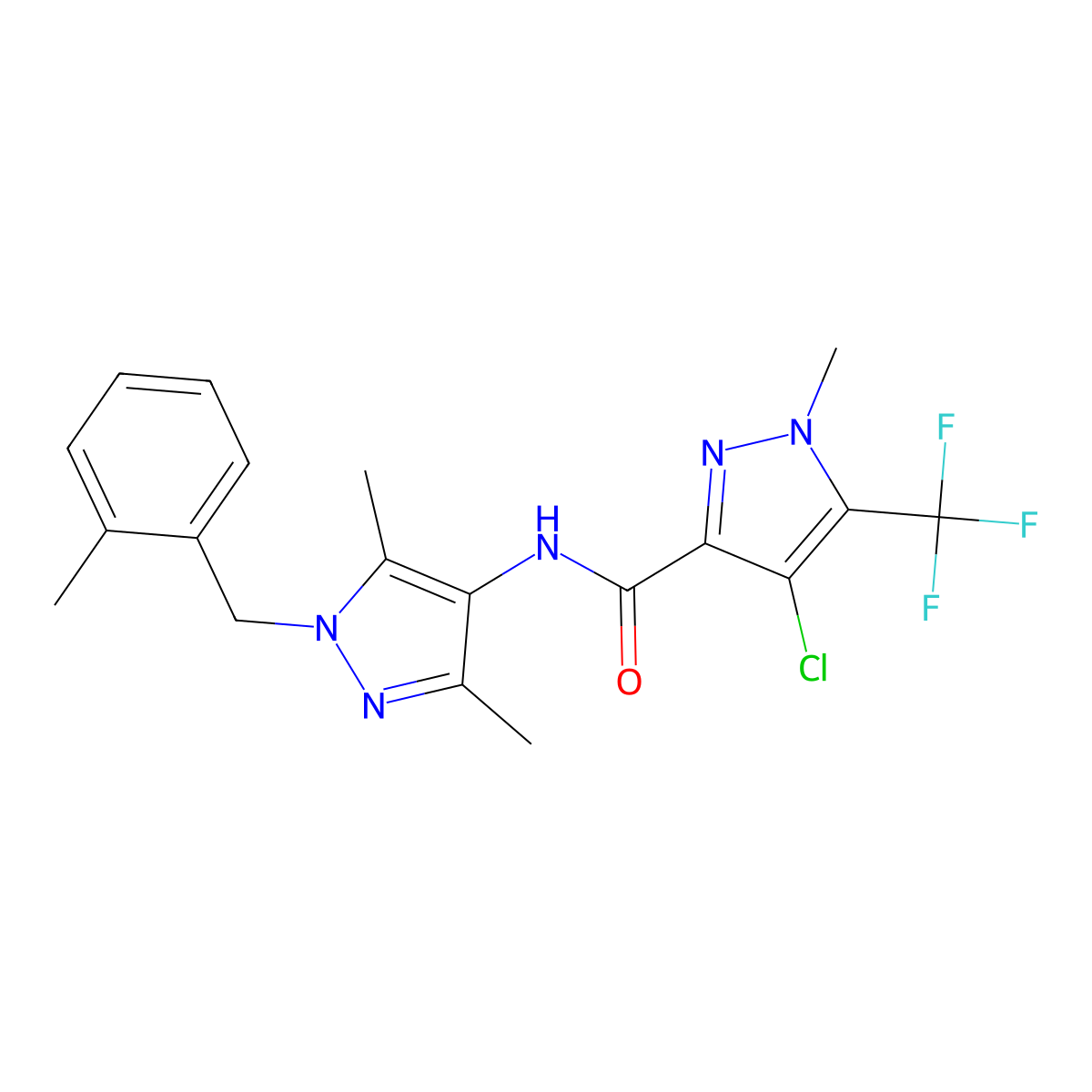4-chloro-N-[3,5-dimethyl-1-(2-methylbenzyl)-1H-pyrazol-4-yl]-1-methyl-5-(trifluoromethyl)-1H-pyrazole-3-carboxamide molecular structure, CAS 512823-90-4