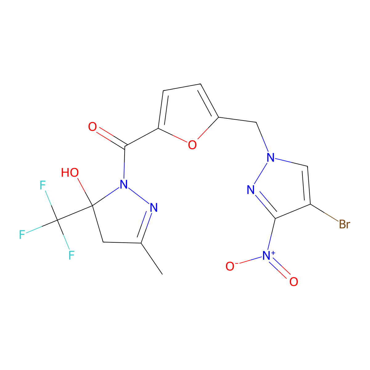 [5-[(4-bromo-3-nitropyrazol-1-yl)methyl]furan-2-yl]-[5-hydroxy-3-methyl-5-(trifluoromethyl)-4H-pyrazol-1-yl]methanone molecular structure, CAS 512823-92-6