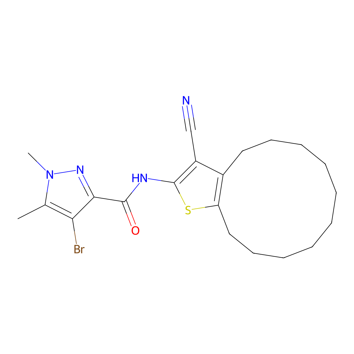 4-bromo-N-(3-cyano-4,5,6,7,8,9,10,11,12,13-decahydrocyclododeca[b]thiophen-2-yl)-1,5-dimethyl-1H-pyrazole-3-carboxamide molecular structure, CAS 512823-97-1