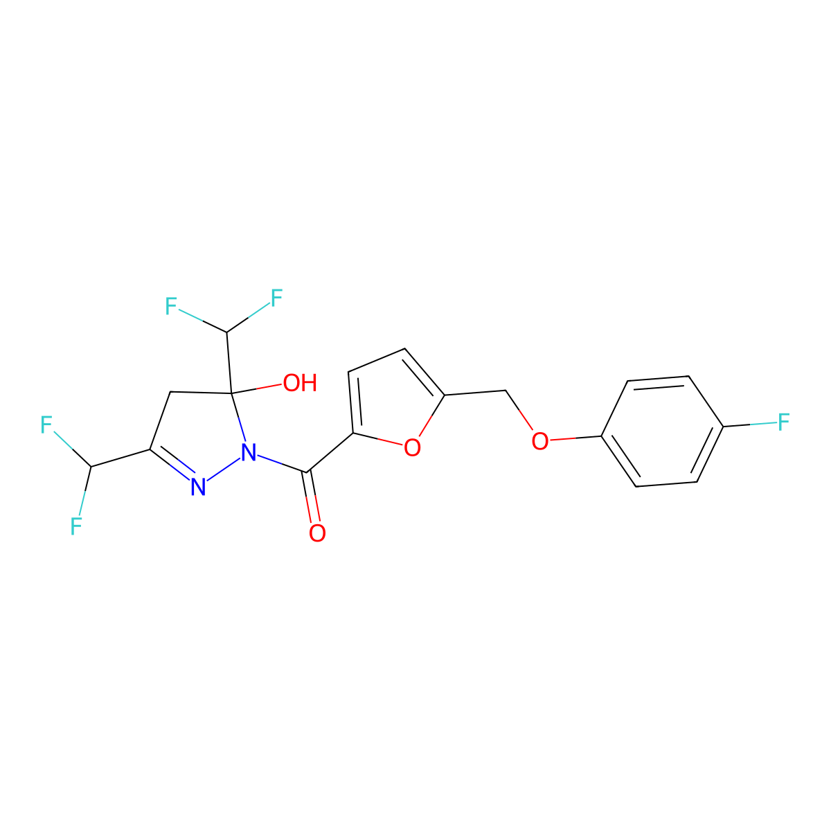 3,5-bis(difluoromethyl)-1-{5-[(4-fluorophenoxy)methyl]-2-furoyl}-4,5-dihydro-1H-pyrazol-5-ol molecular structure, CAS 512824-03-2