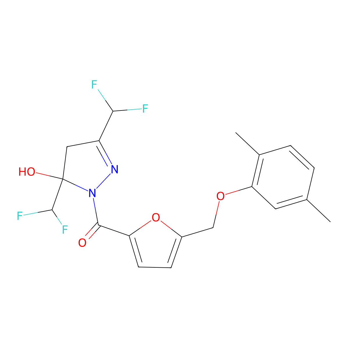 [3,5-bis(difluoromethyl)-5-hydroxy-4H-pyrazol-1-yl]-[5-[(2,5-dimethylphenoxy)methyl]furan-2-yl]methanone molecular structure, CAS 512824-13-4