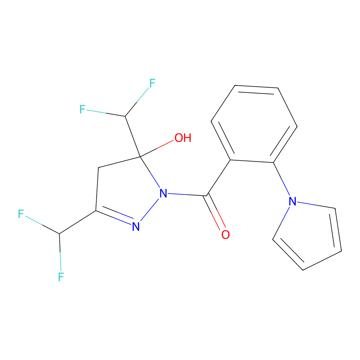 [3,5-bis(difluoromethyl)-5-hydroxy-4H-pyrazol-1-yl]-(2-pyrrol-1-ylphenyl)methanone molecular structure, CAS 512824-14-5