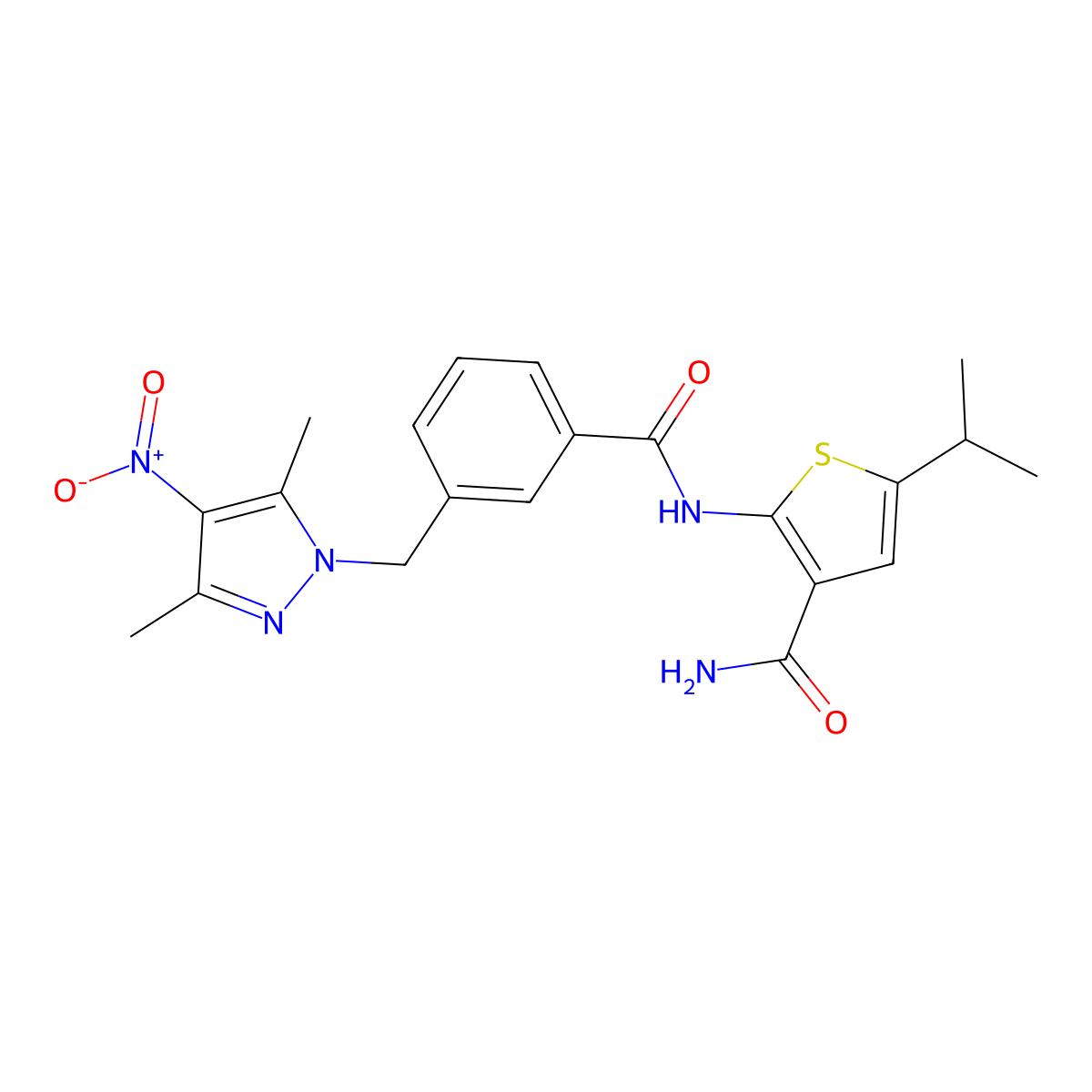 2-[[3-[(3,5-Dimethyl-4-nitropyrazol-1-yl)methyl]benzoyl]amino]-5-propan-2-ylthiophene-3-carboxamide molecular structure, CAS 512824-27-0