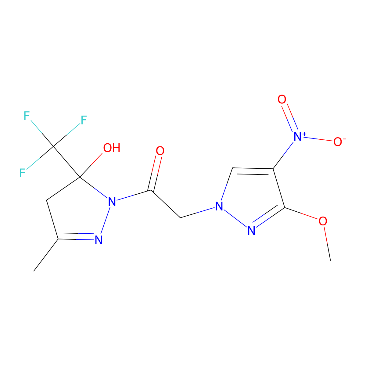 Ethanone, 1-(4,5-dihydro-5-hydroxy-3-methyl-5-(trifluoromethyl)-1H-pyrazol-1-yl)-2-(3-methoxy-4-nitro-1H-pyrazol-1-yl)- molecular structure, CAS 512824-39-4