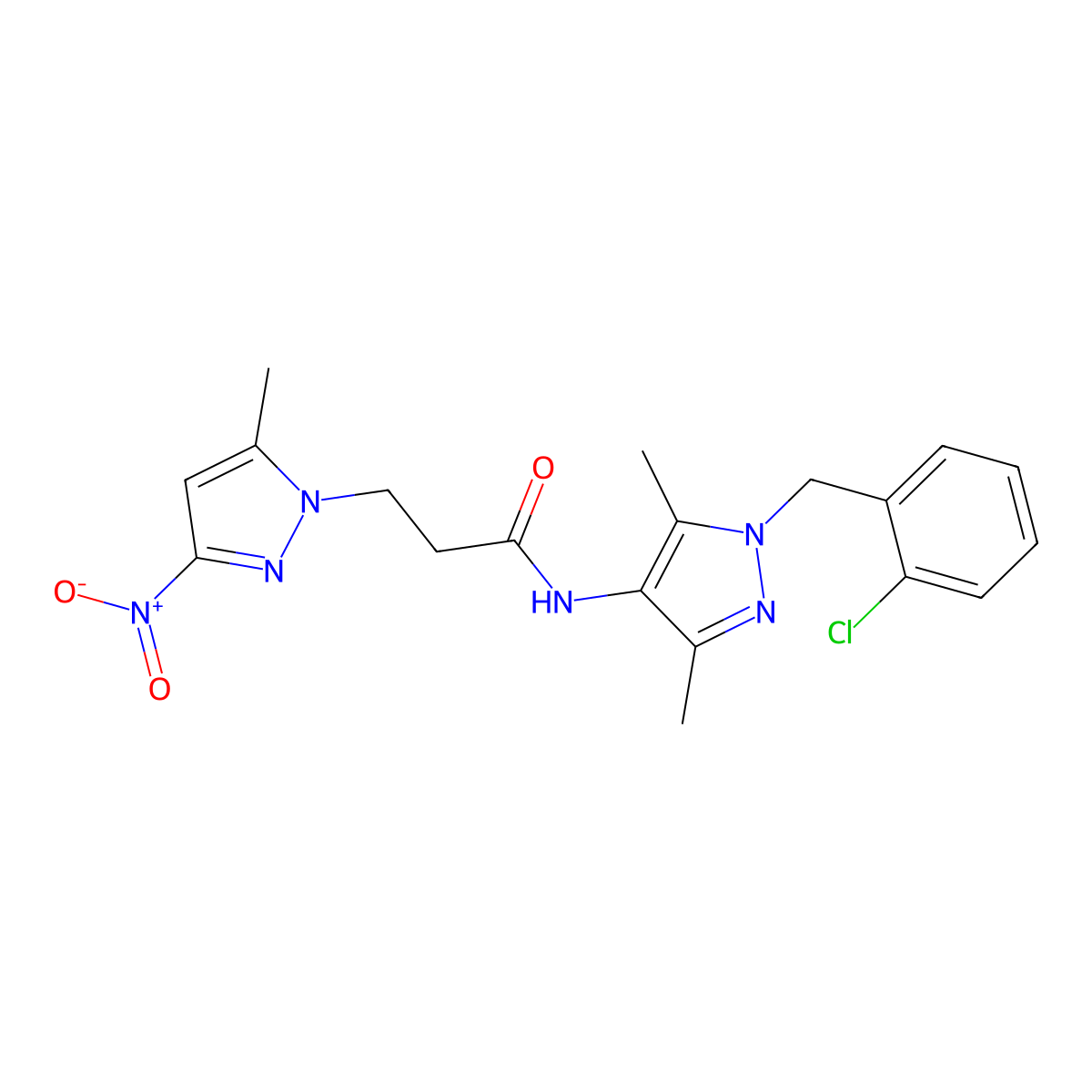 N-[1-[(2-chlorophenyl)methyl]-3,5-dimethylpyrazol-4-yl]-3-(5-methyl-3-nitropyrazol-1-yl)propanamide molecular structure, CAS 512824-41-8