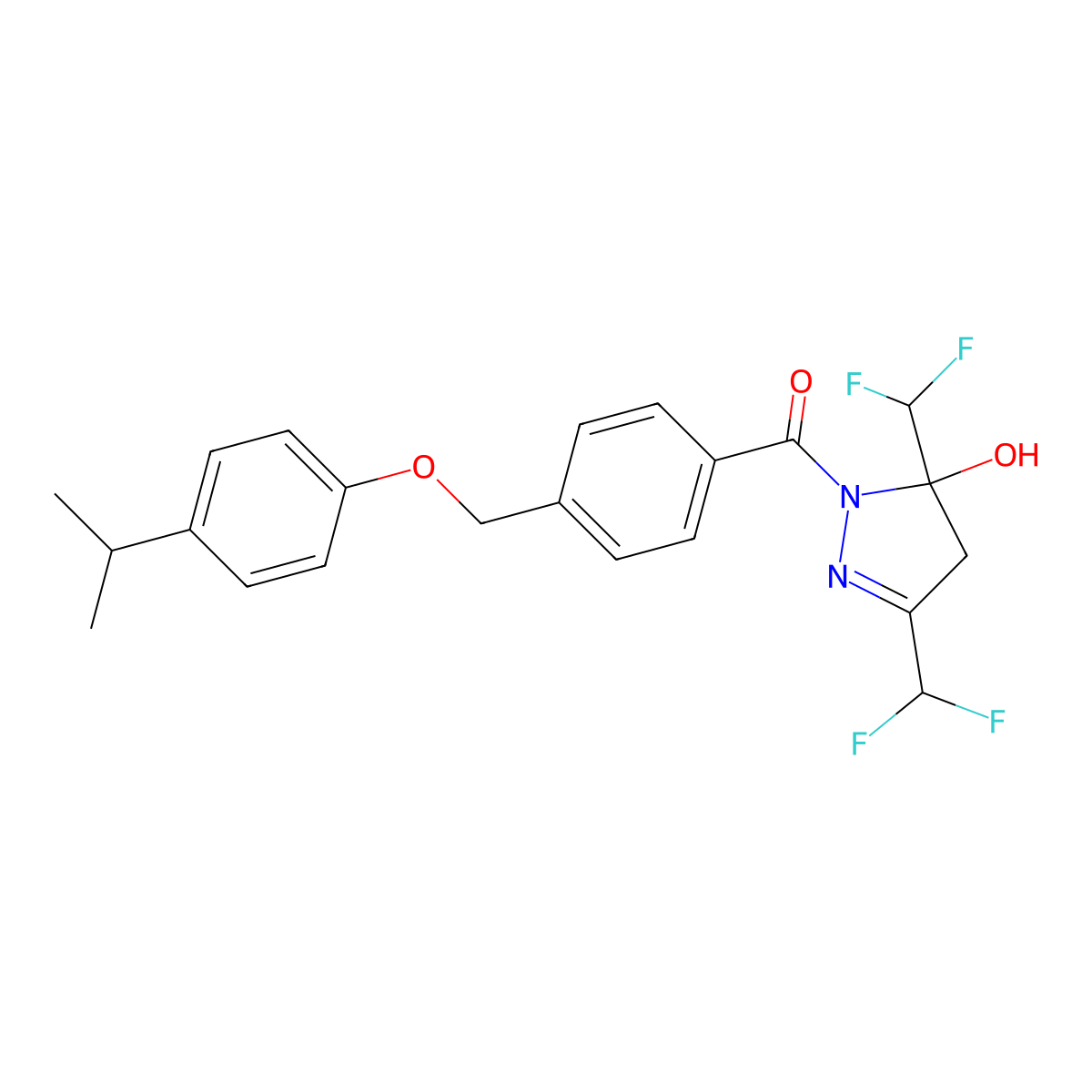 [3,5-bis(difluoromethyl)-5-hydroxy-4H-pyrazol-1-yl]-[4-[(4-propan-2-ylphenoxy)methyl]phenyl]methanone molecular structure, CAS 512824-48-5