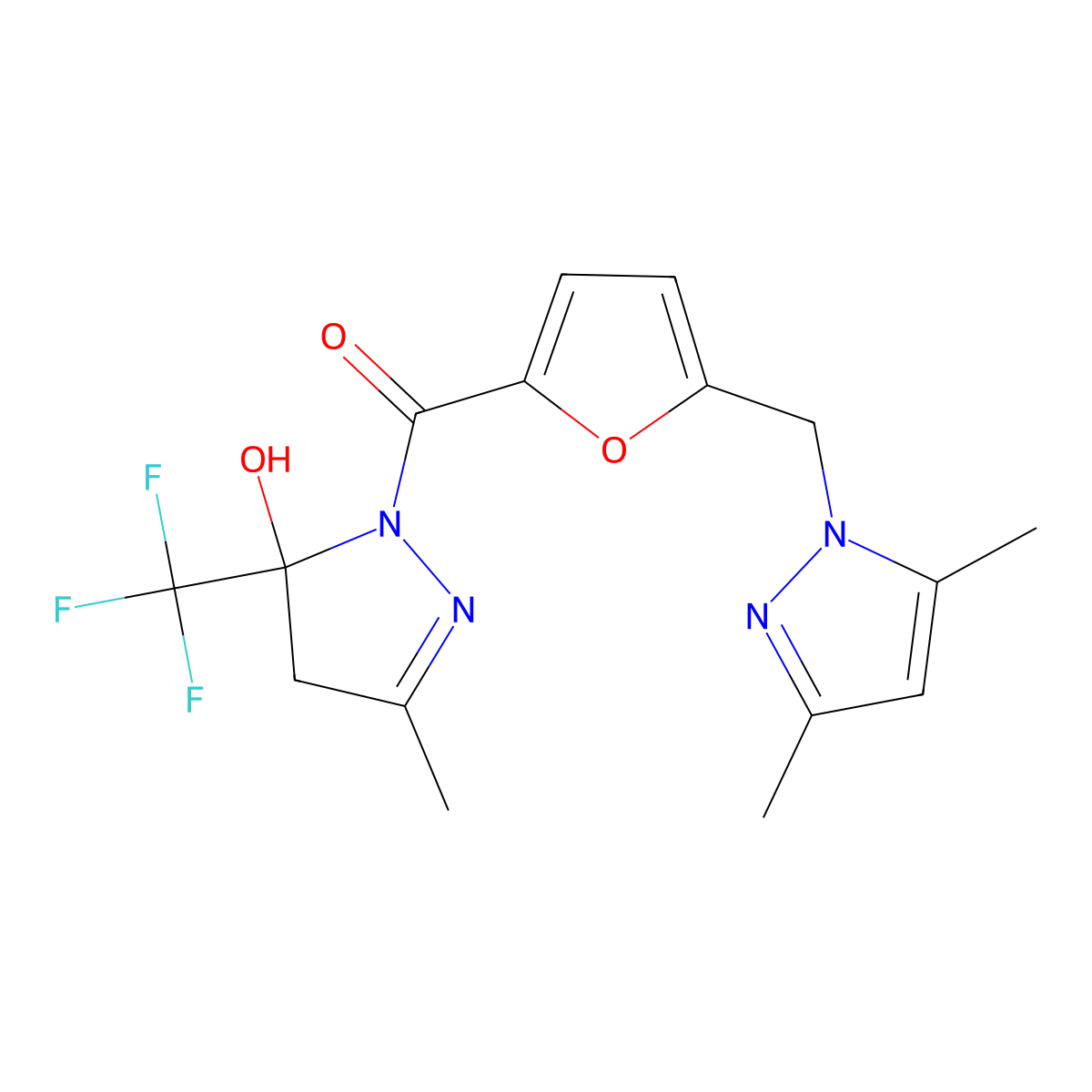 [5-[(3,5-dimethylpyrazol-1-yl)methyl]furan-2-yl]-[5-hydroxy-3-methyl-5-(trifluoromethyl)-4H-pyrazol-1-yl]methanone molecular structure, CAS 512824-50-9