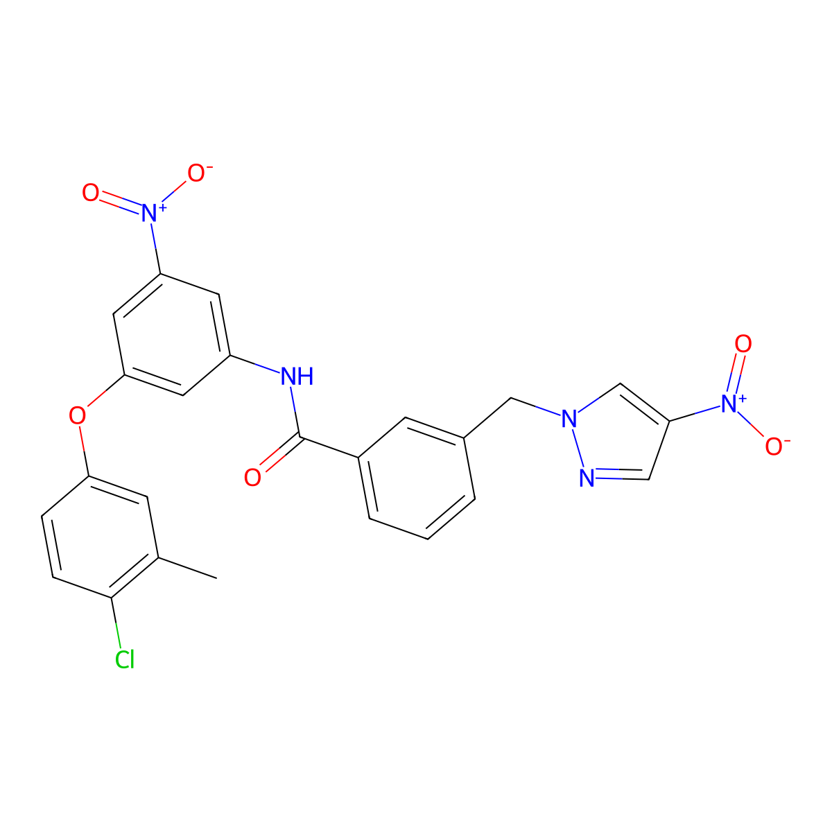 N-[3-(4-chloro-3-methylphenoxy)-5-nitrophenyl]-3-[(4-nitropyrazol-1-yl)methyl]benzamide molecular structure, CAS 512824-56-5