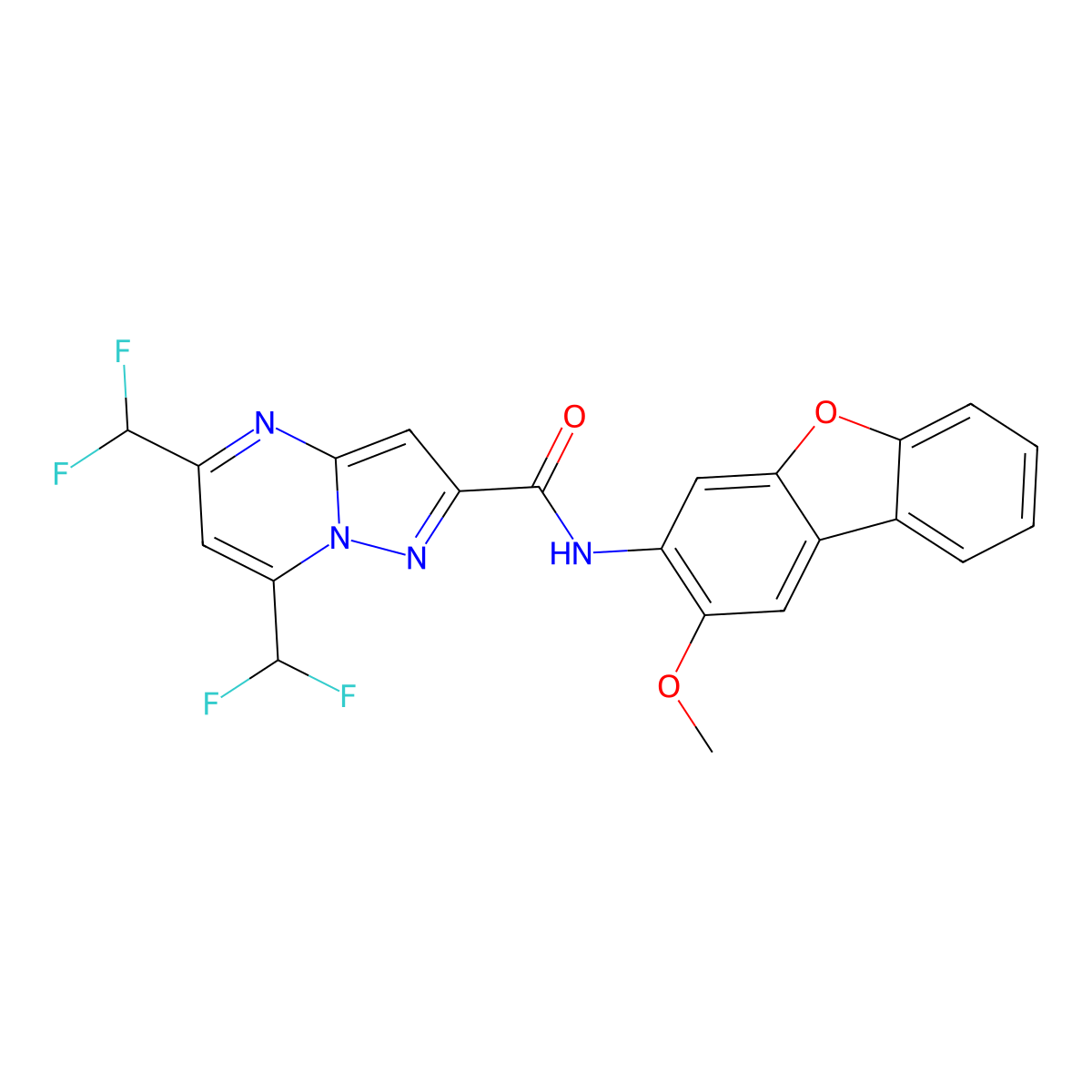 5,7-bis(difluoromethyl)-N-(2-methoxydibenzofuran-3-yl)pyrazolo[1,5-a]pyrimidine-2-carboxamide molecular structure, CAS 512824-64-5