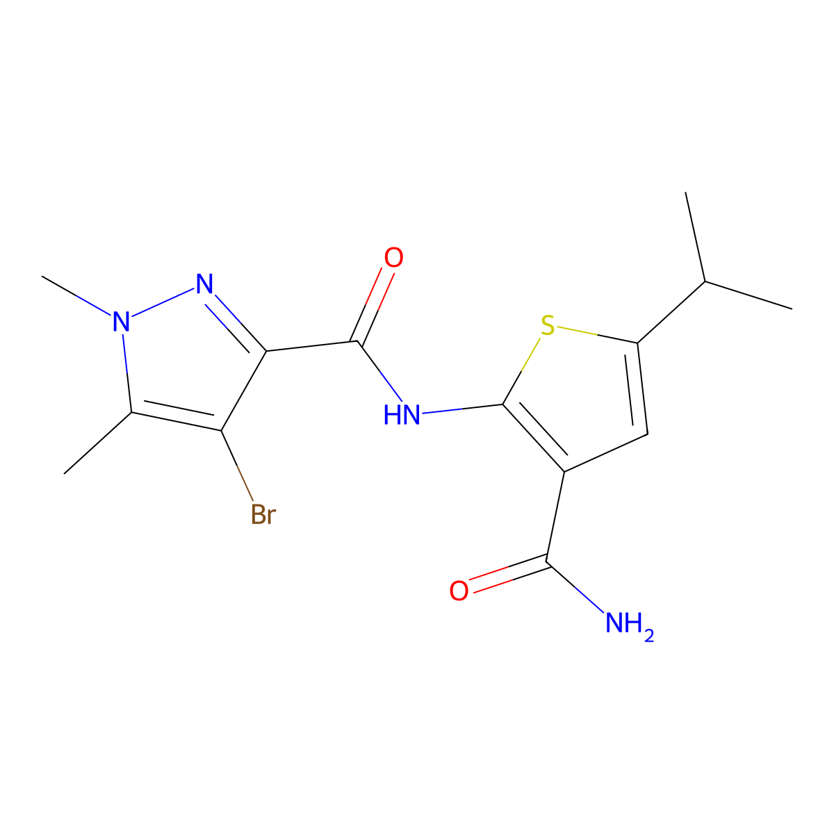 4-bromo-N-(3-carbamoyl-5-propan-2-ylthiophen-2-yl)-1,5-dimethylpyrazole-3-carboxamide molecular structure, CAS 512824-75-8