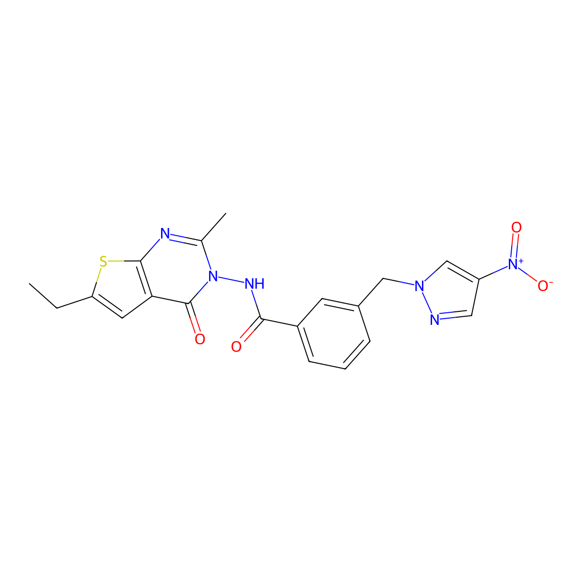 N-(6-ethyl-2-methyl-4-oxothieno[2,3-d]pyrimidin-3-yl)-3-[(4-nitropyrazol-1-yl)methyl]benzamide molecular structure, CAS 512824-81-6