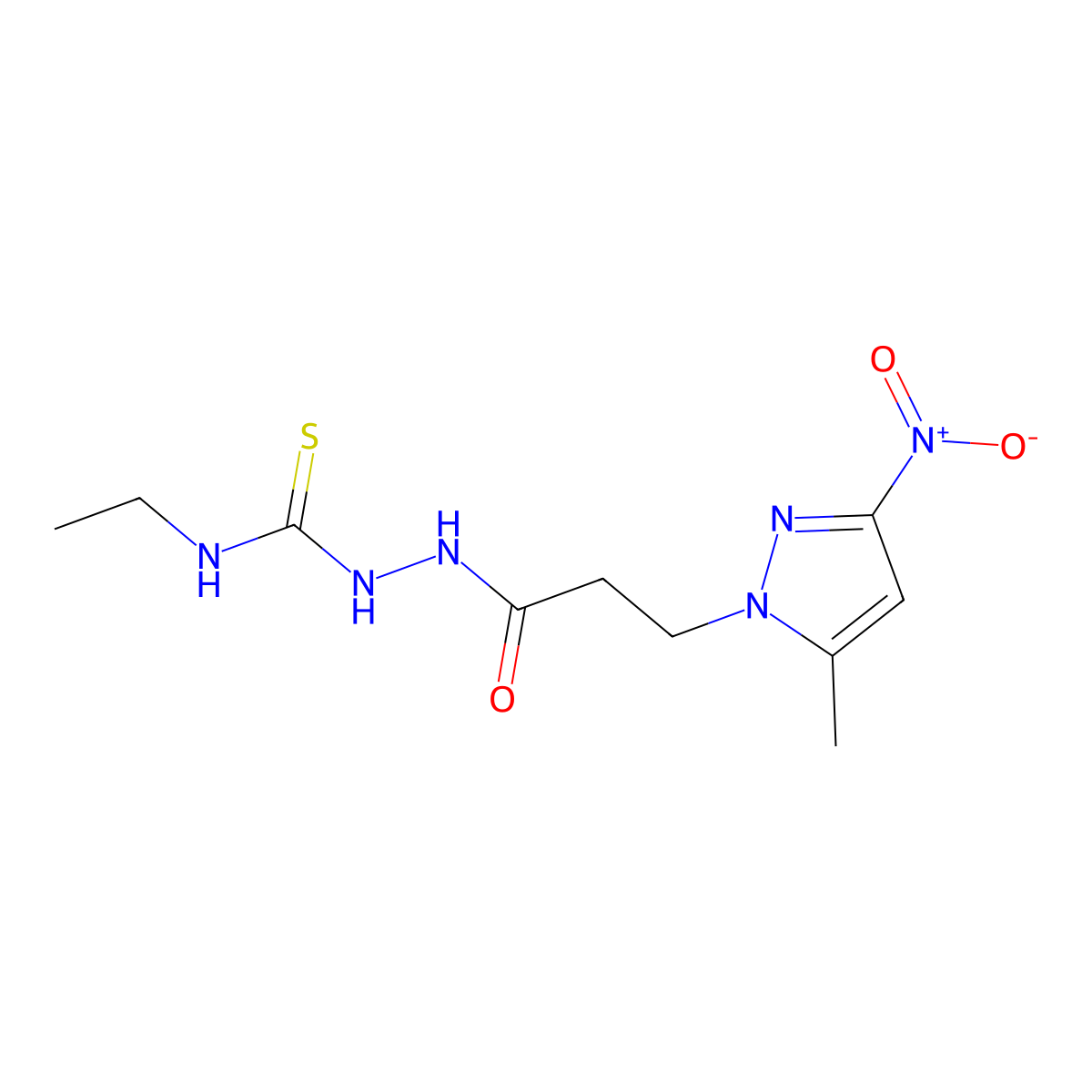 1-Ethyl-3-[3-(5-methyl-3-nitropyrazol-1-yl)propanoylamino]thiourea molecular structure, CAS 512824-85-0