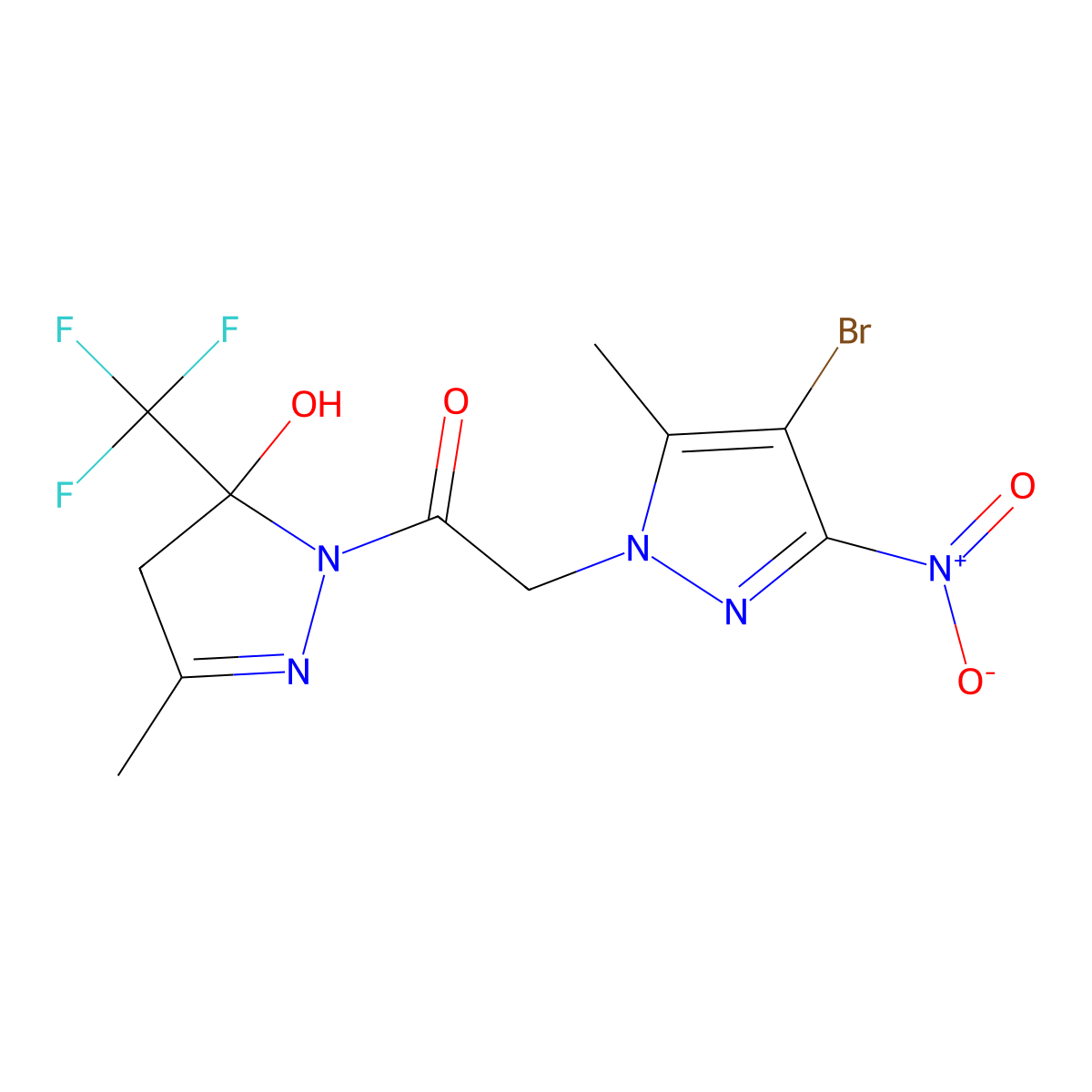2-(4-bromo-5-methyl-3-nitropyrazol-1-yl)-1-[5-hydroxy-3-methyl-5-(trifluoromethyl)-4H-pyrazol-1-yl]ethanone molecular structure, CAS 512824-90-7