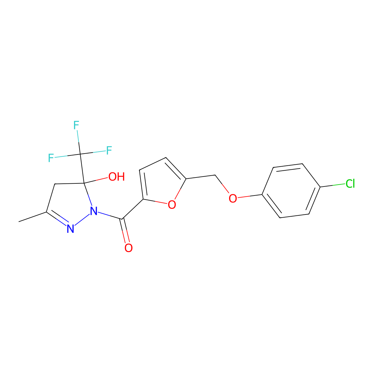 [5-[(4-chlorophenoxy)methyl]furan-2-yl]-[5-hydroxy-3-methyl-5-(trifluoromethyl)-4H-pyrazol-1-yl]methanone molecular structure, CAS 512824-92-9