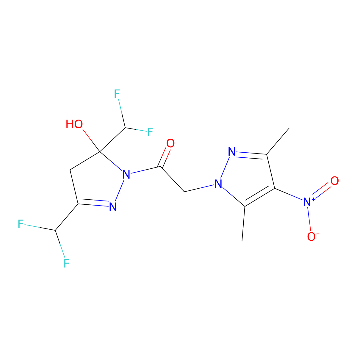 1-[3,5-bis(difluoromethyl)-5-hydroxy-4H-pyrazol-1-yl]-2-(3,5-dimethyl-4-nitropyrazol-1-yl)ethanone molecular structure, CAS 512824-94-1