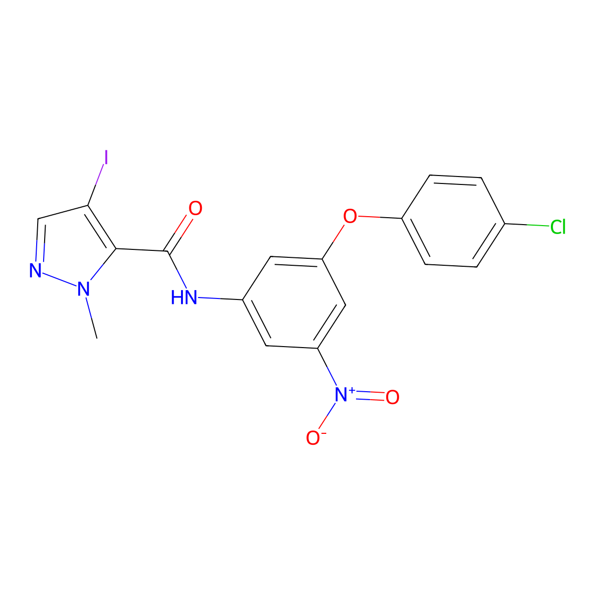 N-[3-(4-chlorophenoxy)-5-nitrophenyl]-4-iodo-2-methylpyrazole-3-carboxamide molecular structure, CAS 512824-98-5