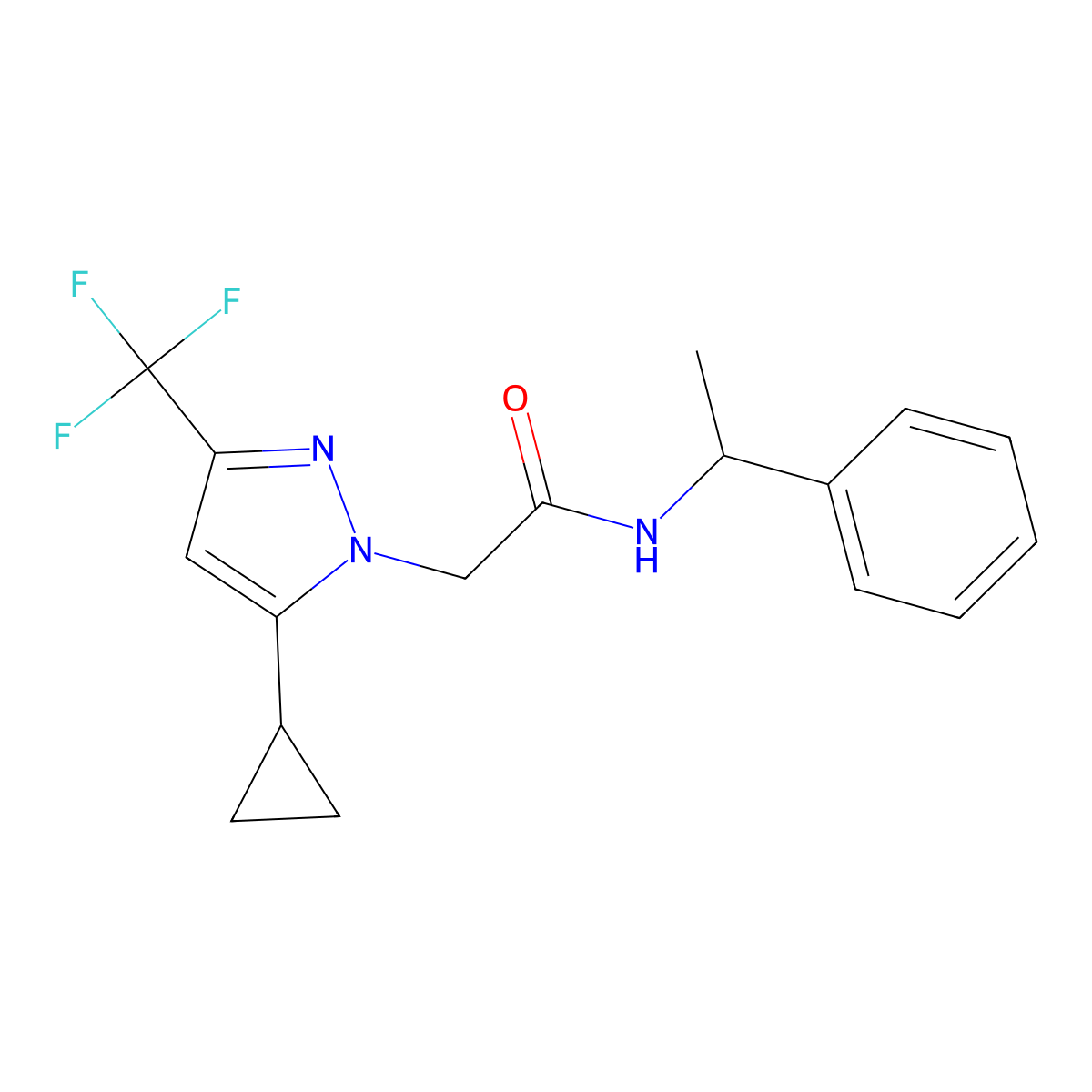 2-[5-cyclopropyl-3-(trifluoromethyl)pyrazol-1-yl]-N-(1-phenylethyl)acetamide molecular structure, CAS 512824-99-6