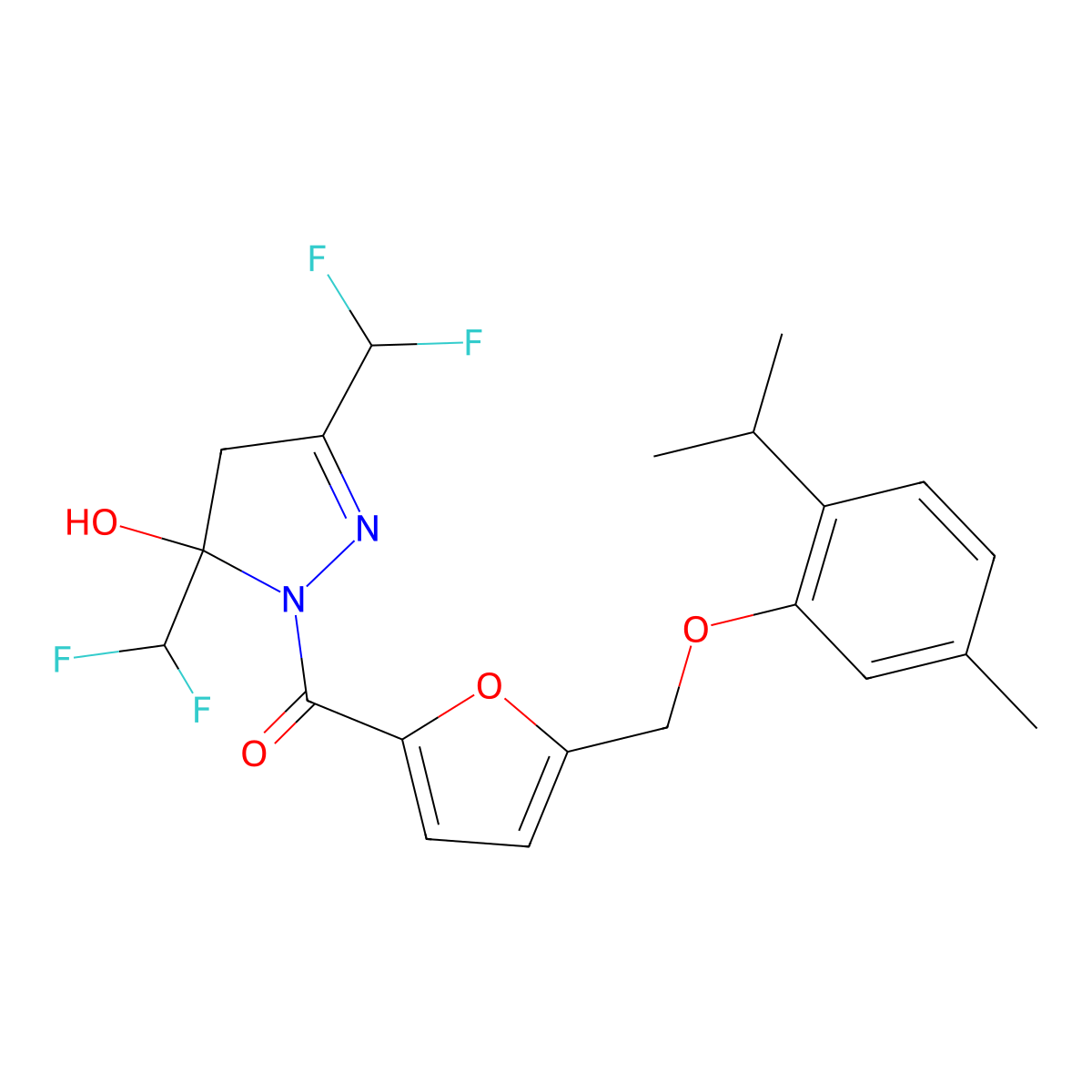 [3,5-bis(difluoromethyl)-5-hydroxy-4H-pyrazol-1-yl]-[5-[(5-methyl-2-propan-2-ylphenoxy)methyl]furan-2-yl]methanone molecular structure, CAS 512825-00-2