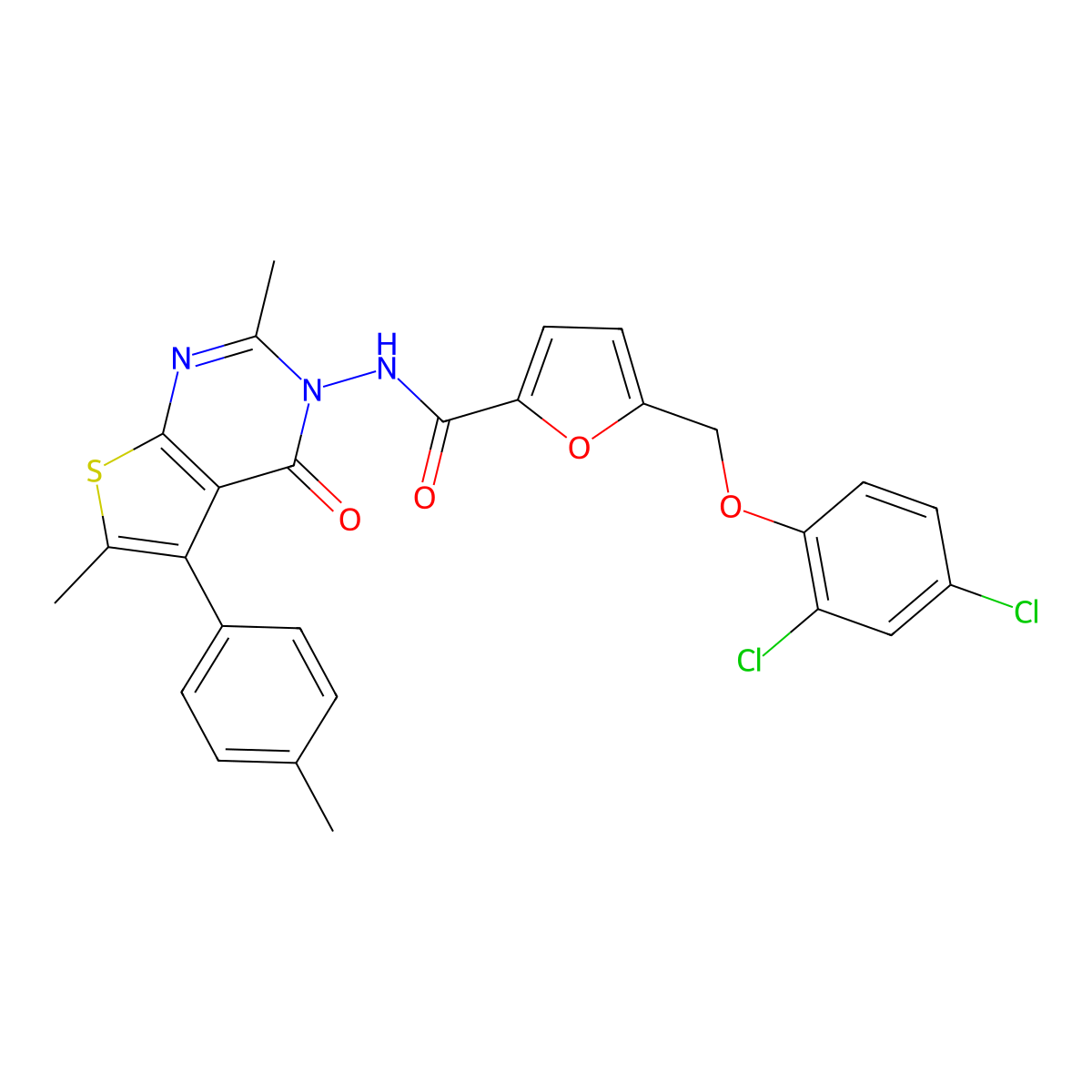 5-[(2,4-dichlorophenoxy)methyl]-N-[2,6-dimethyl-5-(4-methylphenyl)-4-oxothieno[2,3-d]pyrimidin-3-yl]furan-2-carboxamide molecular structure, CAS 512825-03-5
