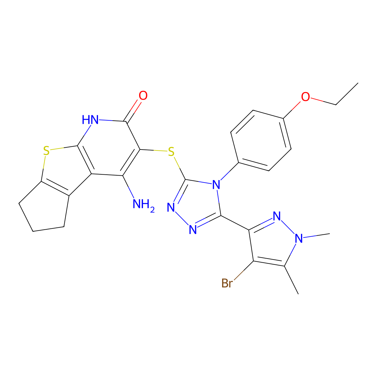 4-amino-3-{[5-(4-bromo-1,5-dimethyl-1H-pyrazol-3-yl)-4-(4-ethoxyphenyl)-4H-1,2,4-triazol-3-yl]sulfanyl}-6,7-dihydro-5H-cyclopenta[4,5]thieno[2,3-b]pyridin-2-ol molecular structure, CAS 512825-04-6