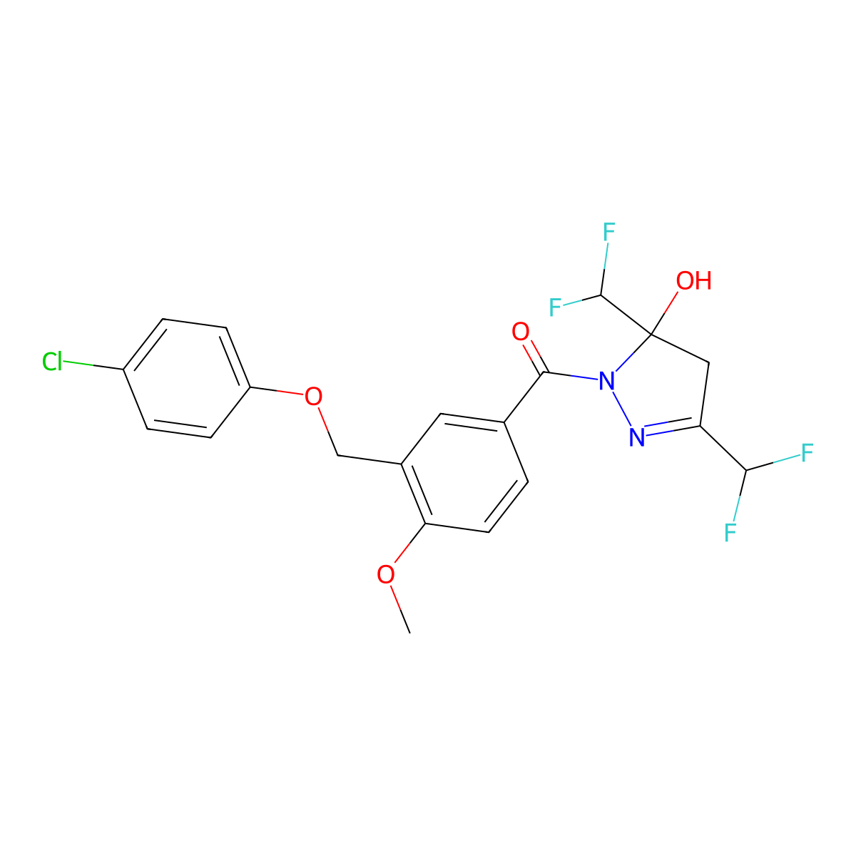 [3,5-bis(difluoromethyl)-5-hydroxy-4H-pyrazol-1-yl]-[3-[(4-chlorophenoxy)methyl]-4-methoxyphenyl]methanone molecular structure, CAS 512825-07-9