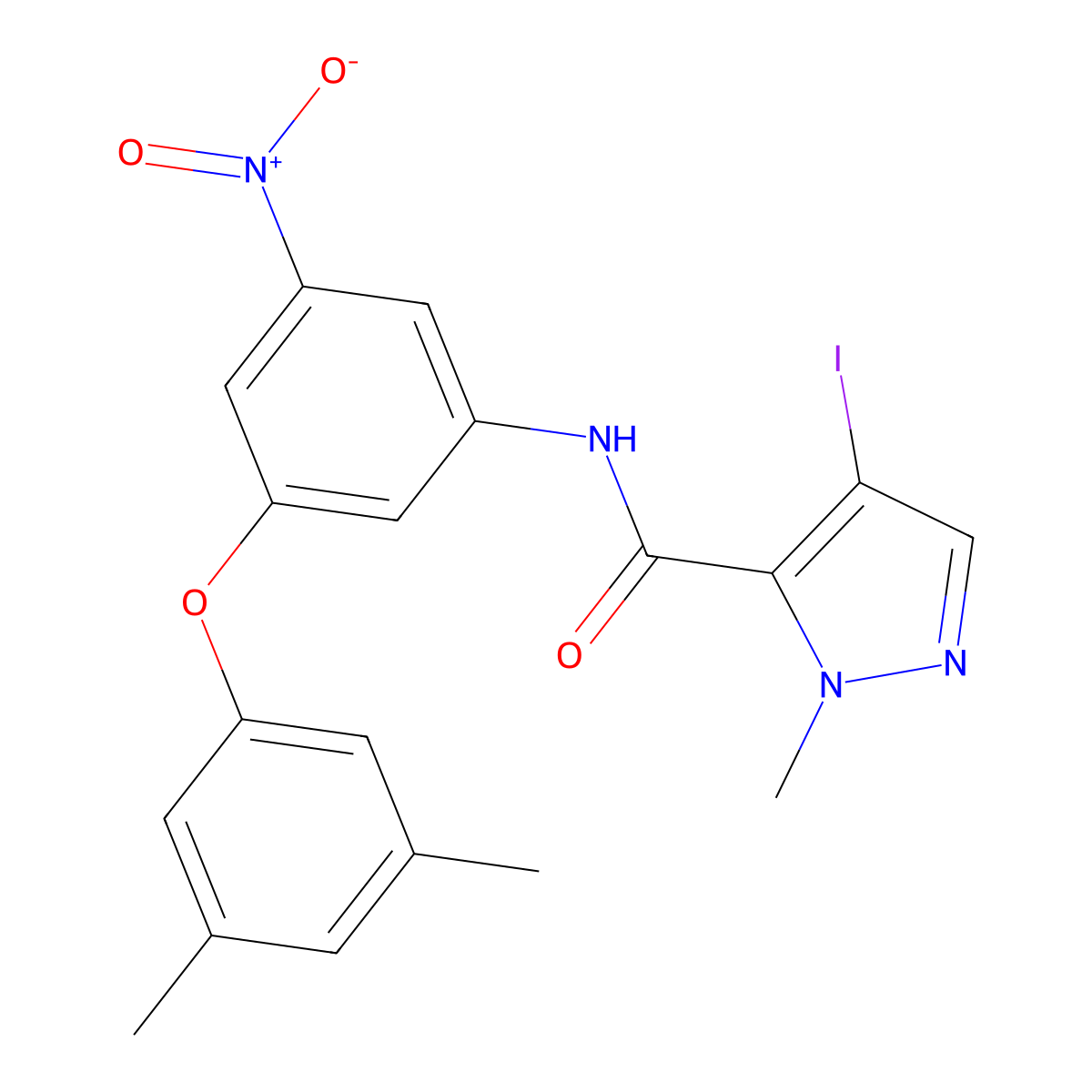 N-{3-(3,5-dimethylphenoxy)-5-nitrophenyl}-4-iodo-1-methyl-1H-pyrazole-5-carboxamide molecular structure, CAS 512825-22-8