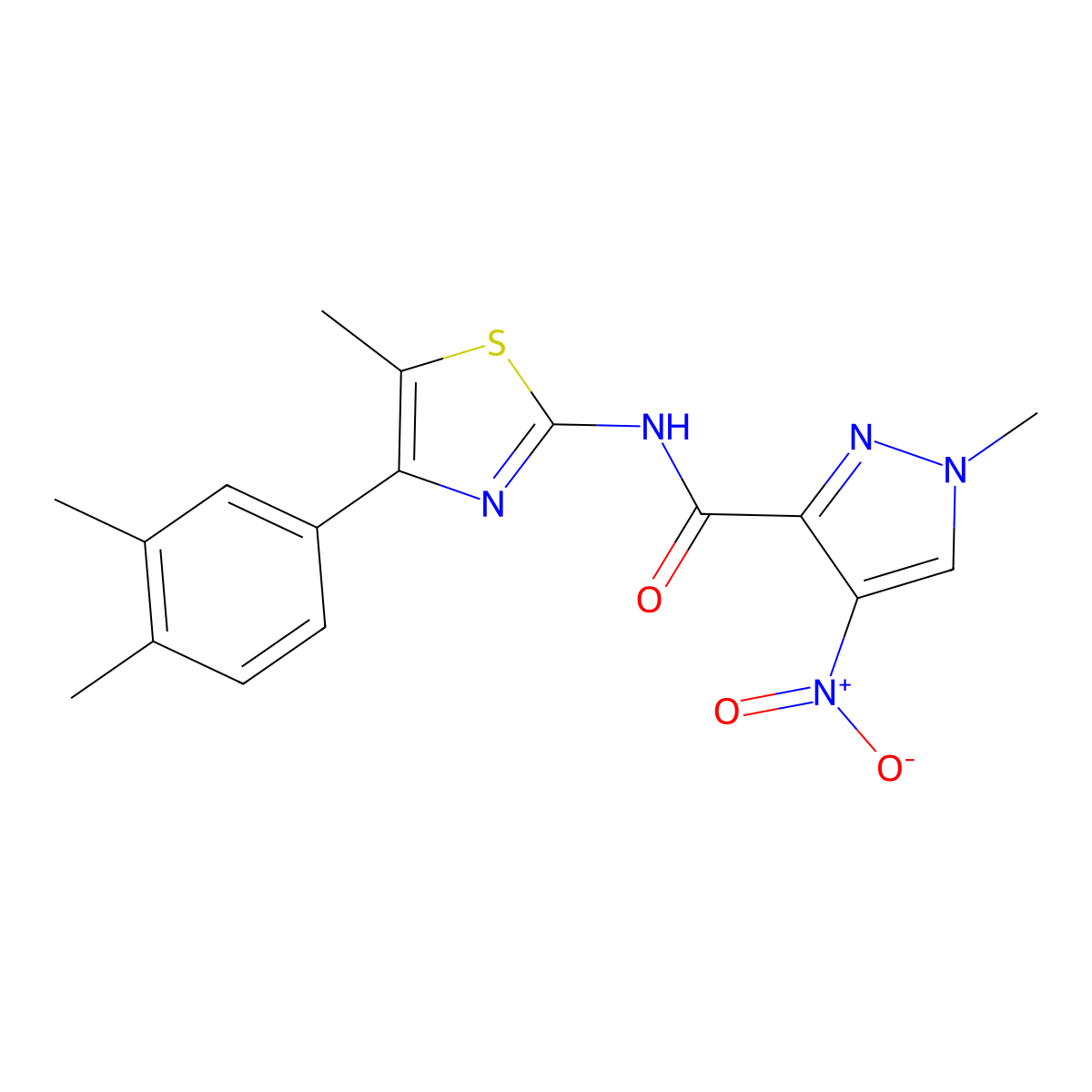 N-[4-(3,4-dimethylphenyl)-5-methyl-1,3-thiazol-2-yl]-1-methyl-4-nitropyrazole-3-carboxamide molecular structure, CAS 512825-24-0