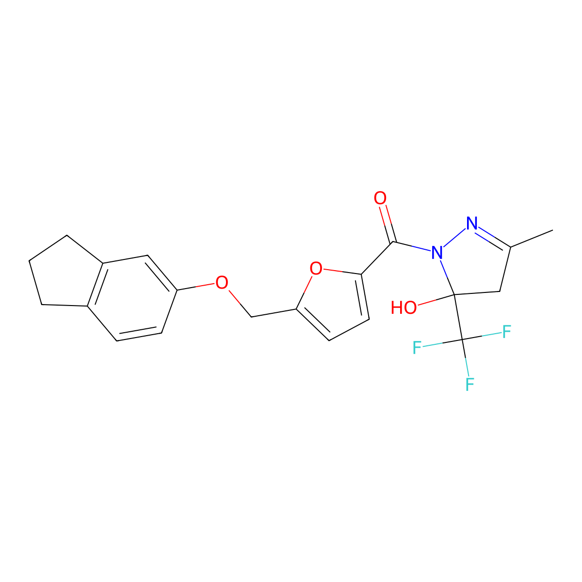 [5-(2,3-dihydro-1H-inden-5-yloxymethyl)furan-2-yl]-[5-hydroxy-3-methyl-5-(trifluoromethyl)-4H-pyrazol-1-yl]methanone molecular structure, CAS 512825-26-2