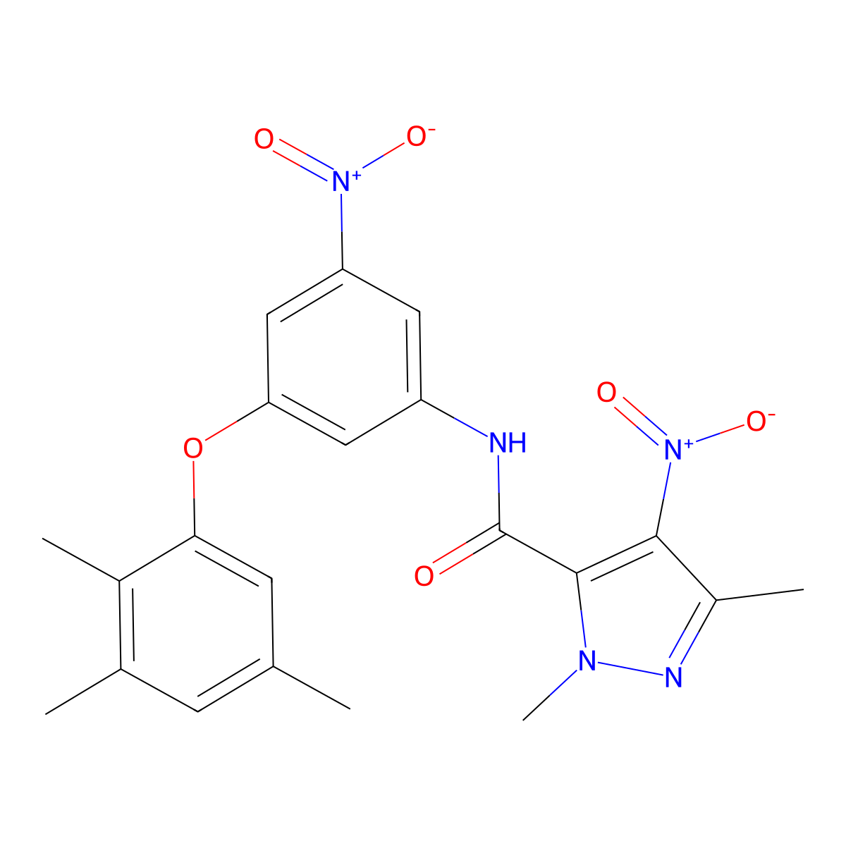 2,5-dimethyl-4-nitro-N-[3-nitro-5-(2,3,5-trimethylphenoxy)phenyl]pyrazole-3-carboxamide molecular structure, CAS 512825-33-1