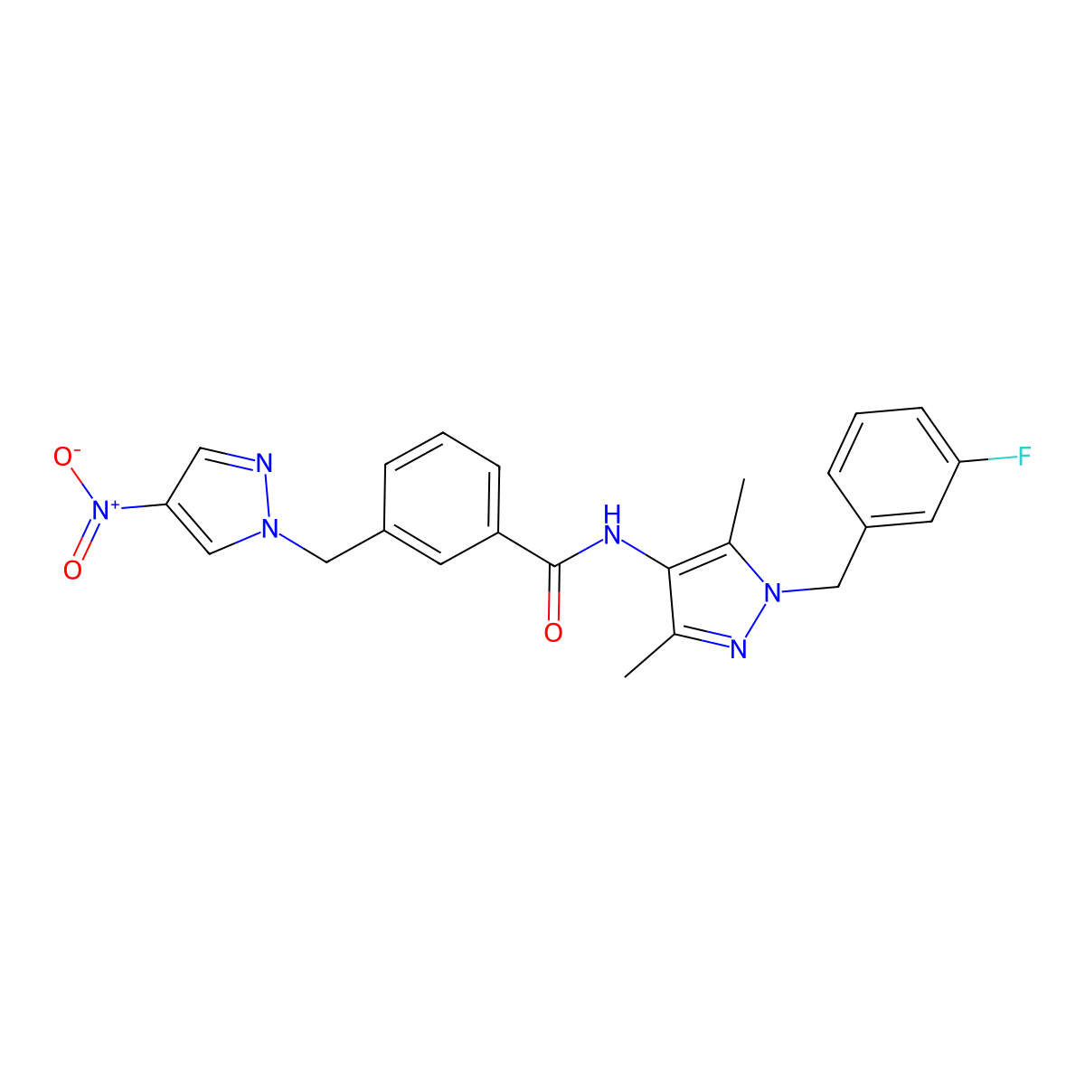 N-[1-[(3-fluorophenyl)methyl]-3,5-dimethylpyrazol-4-yl]-3-[(4-nitropyrazol-1-yl)methyl]benzamide molecular structure, CAS 512825-35-3