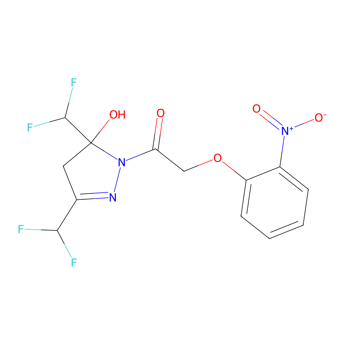 1-[3,5-bis(difluoromethyl)-5-hydroxy-4H-pyrazol-1-yl]-2-(2-nitrophenoxy)ethanone molecular structure, CAS 512825-51-3