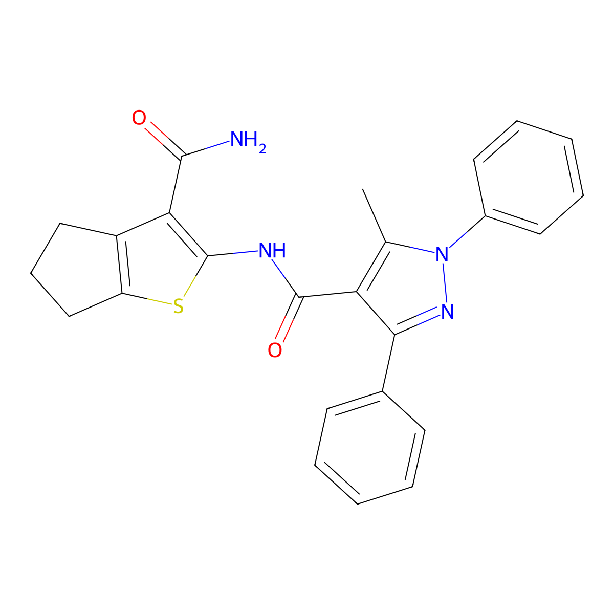 N-(3-carbamoyl-5,6-dihydro-4H-cyclopenta[b]thiophen-2-yl)-5-methyl-1,3-diphenylpyrazole-4-carboxamide molecular structure, CAS 512825-62-6