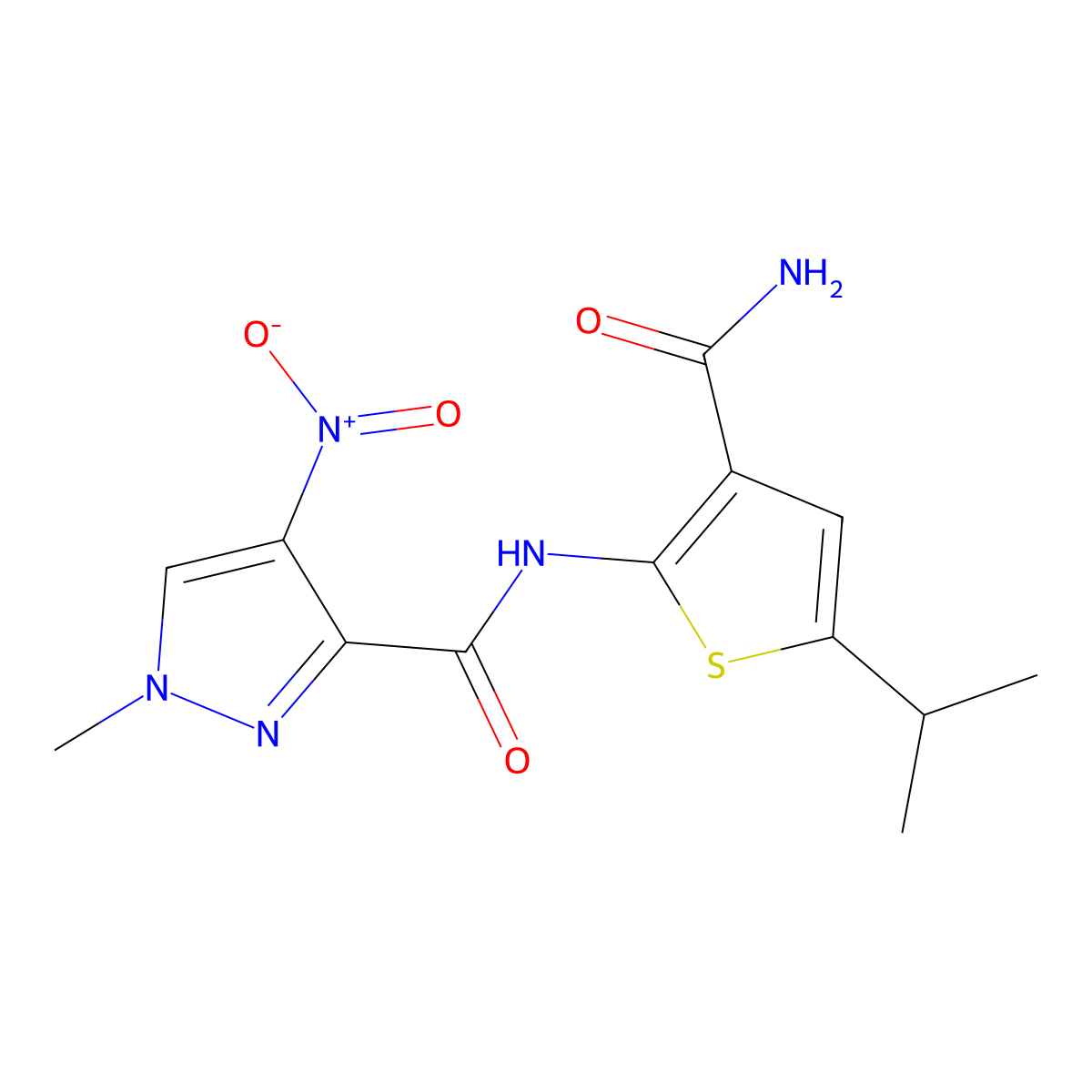 N-(3-carbamoyl-5-propan-2-ylthiophen-2-yl)-1-methyl-4-nitropyrazole-3-carboxamide molecular structure, CAS 512825-73-9