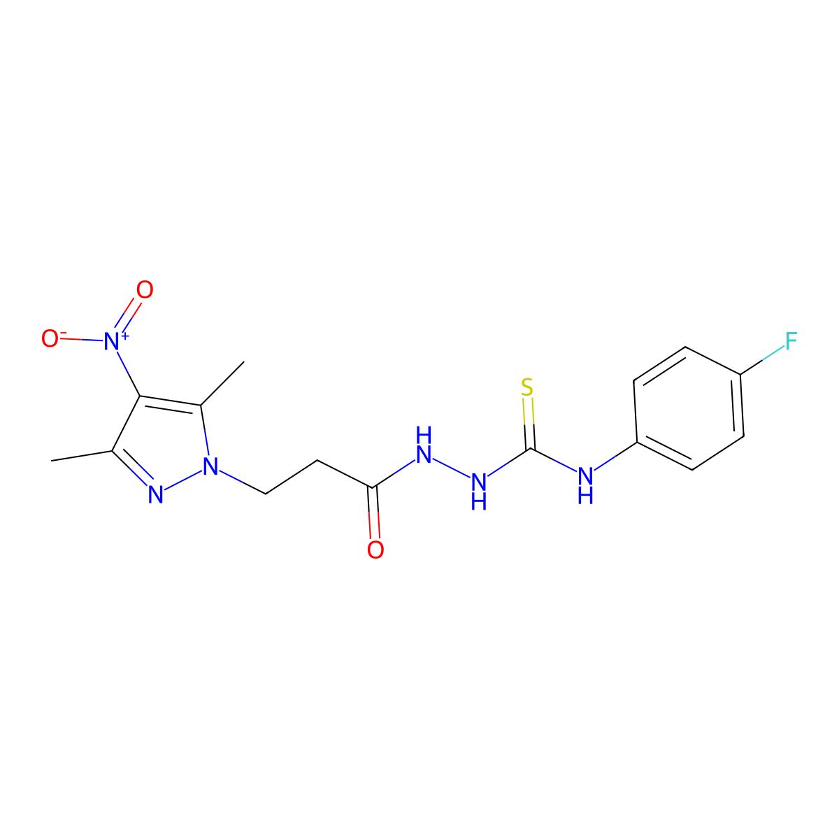 1-[3-(3,5-Dimethyl-4-nitropyrazol-1-yl)propanoylamino]-3-(4-fluorophenyl)thiourea molecular structure, CAS 512825-74-0