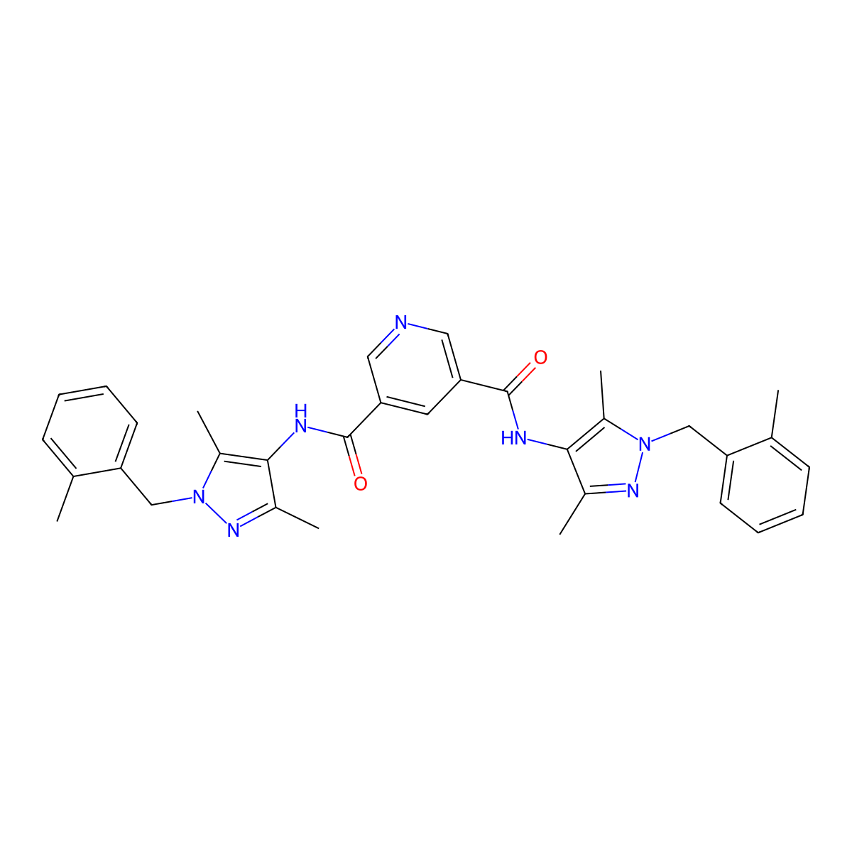 3-N,5-N-bis[3,5-dimethyl-1-[(2-methylphenyl)methyl]pyrazol-4-yl]pyridine-3,5-dicarboxamide molecular structure, CAS 512825-76-2