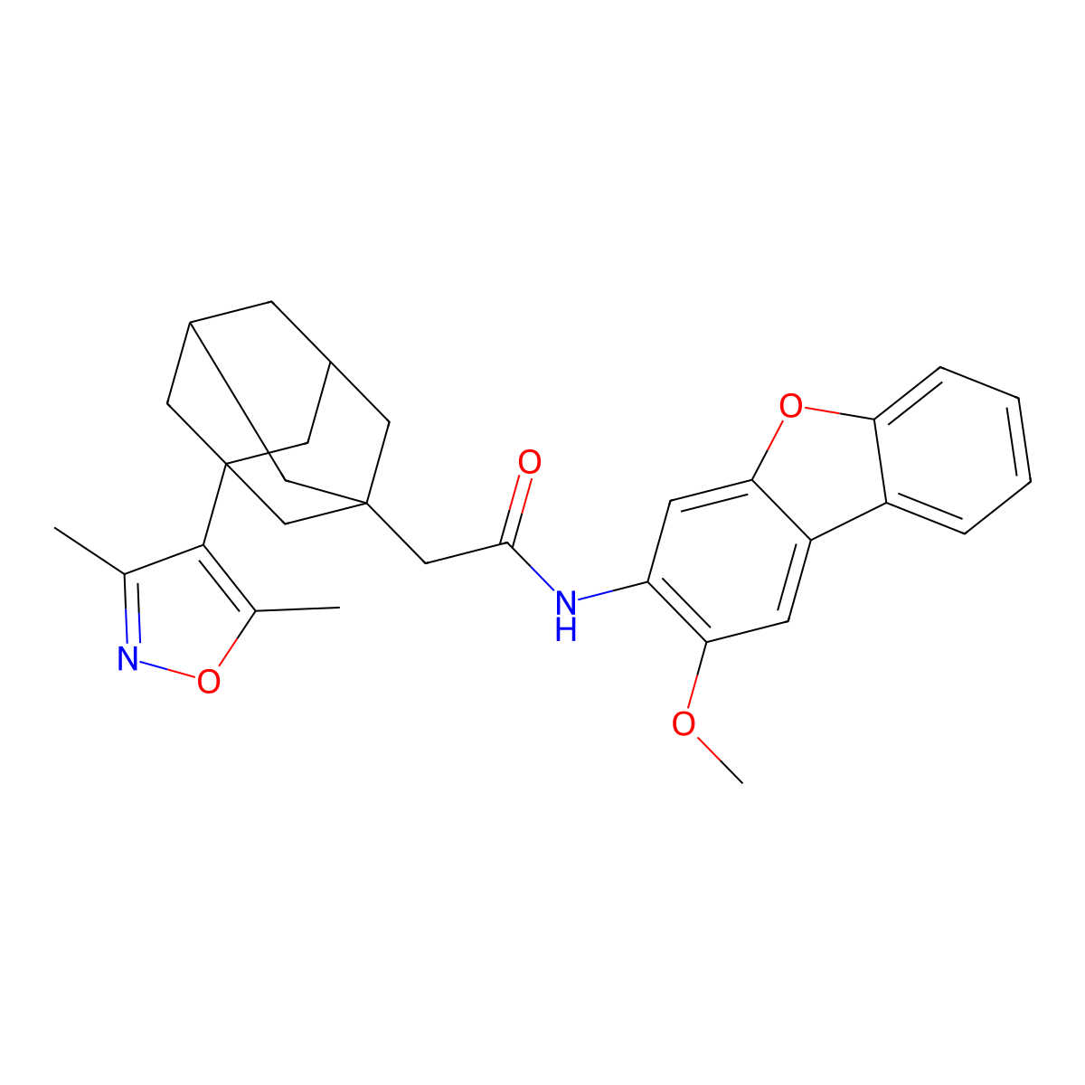 2-[3-(3,5-dimethyl-1,2-oxazol-4-yl)-1-adamantyl]-N-(2-methoxydibenzofuran-3-yl)acetamide molecular structure, CAS 512825-77-3