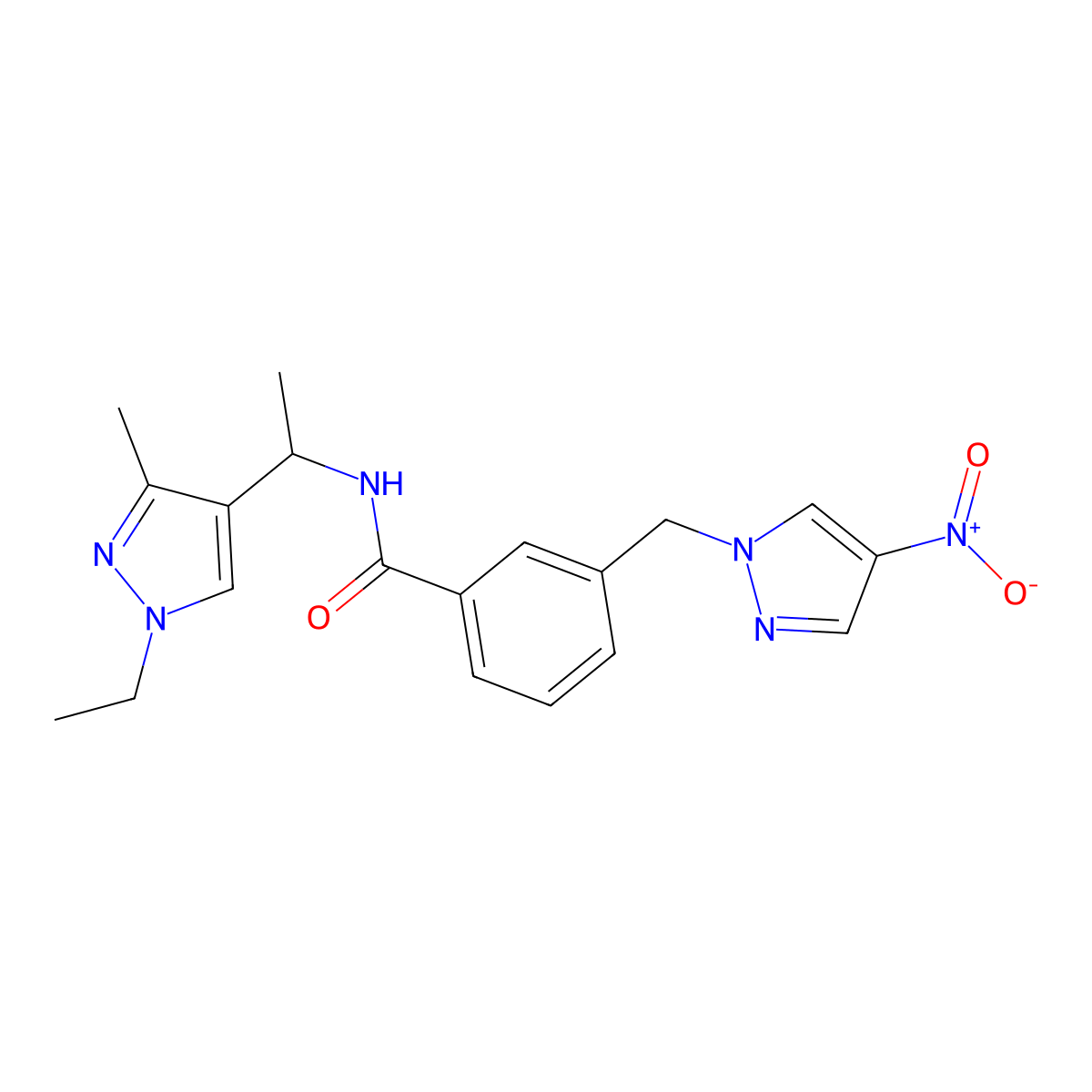 N-[1-(1-ethyl-3-methylpyrazol-4-yl)ethyl]-3-[(4-nitropyrazol-1-yl)methyl]benzamide molecular structure, CAS 512825-83-1