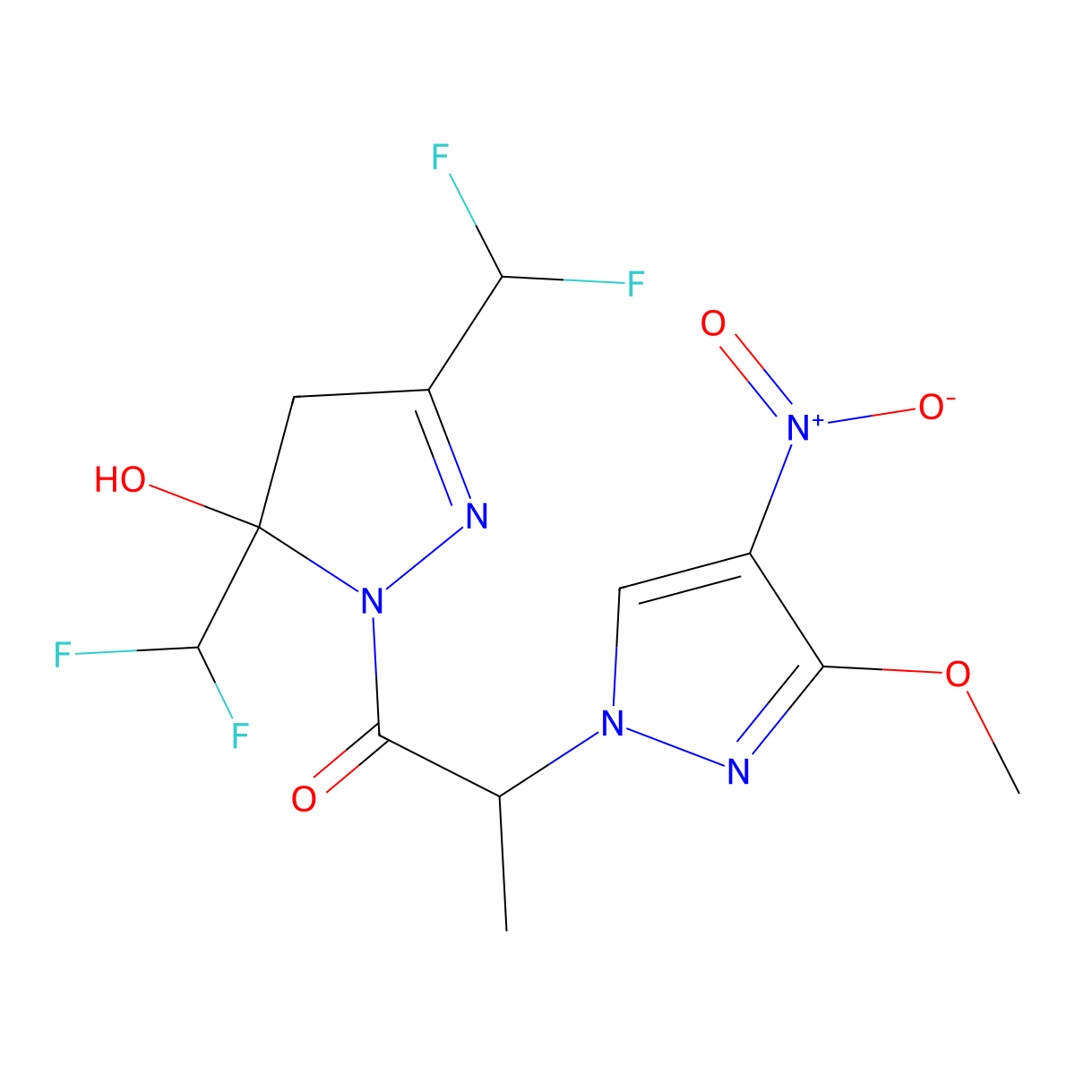 1-[3,5-bis(difluoromethyl)-5-hydroxy-4H-pyrazol-1-yl]-2-(3-methoxy-4-nitropyrazol-1-yl)propan-1-one molecular structure, CAS 512825-87-5