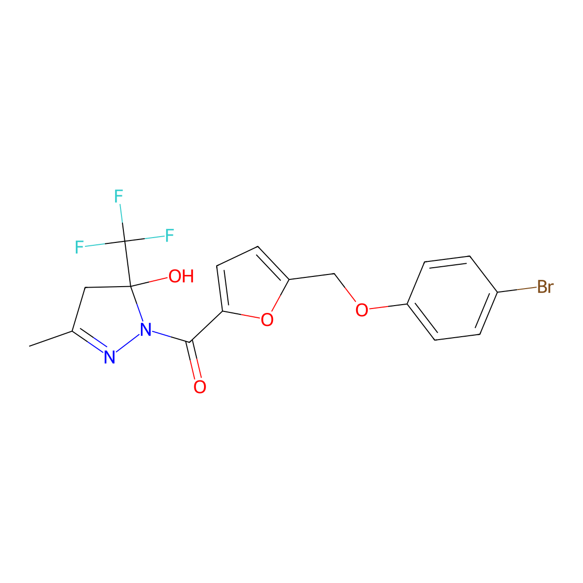 [5-[(4-bromophenoxy)methyl]furan-2-yl]-[5-hydroxy-3-methyl-5-(trifluoromethyl)-4H-pyrazol-1-yl]methanone molecular structure, CAS 512825-88-6