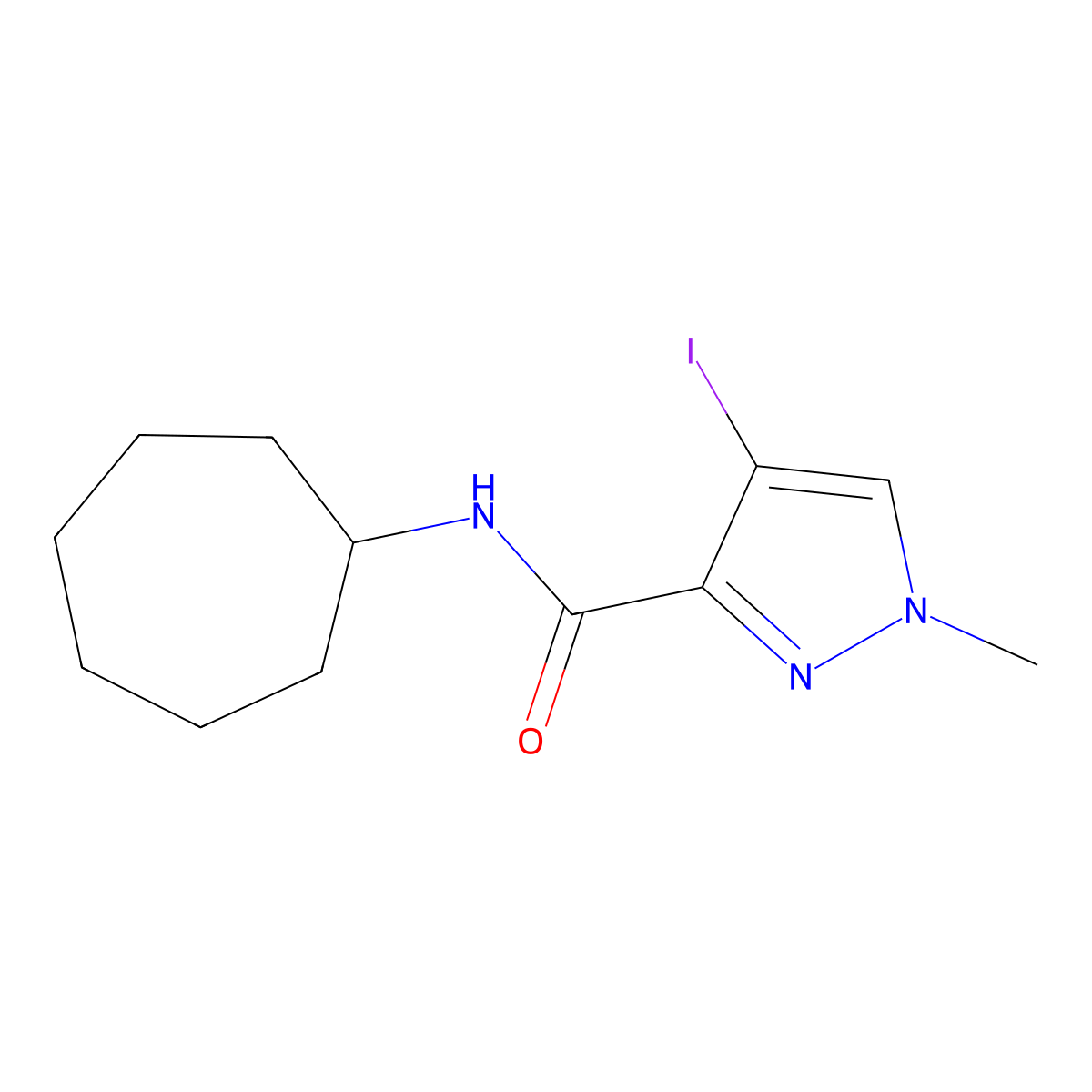 N-cycloheptyl-4-iodo-1-methyl-1H-pyrazole-3-carboxamide molecular structure, CAS 512827-22-4